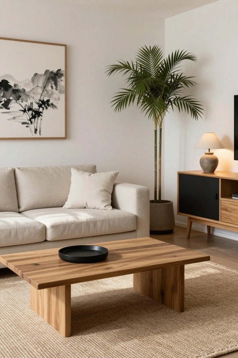 A minimalist apartment living room with a light beige linen sofa, low rectangular coffee table made of natural wood with visible grain holding a black round tray, tall potted palm plant next to a wooden TV stand with black doors and ceramic lamp, framed black ink painting on white wall, and beige seagrass rug on light wood floor.