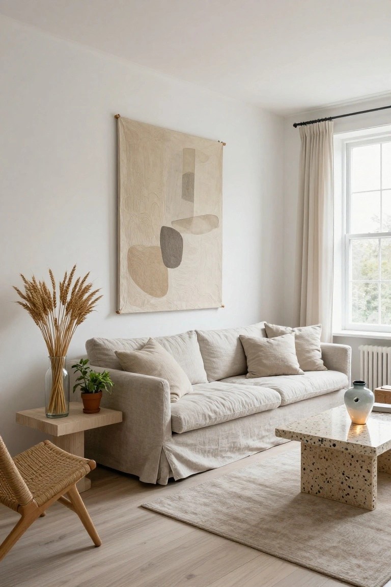 A beige linen slipcovered sofa with skirt sits in a light living room with a terrazzo coffee table, woven wood chair, vase of pampas grass, small potted plant, abstract beige wall hanging, cream rug, and window with sheer curtains over a radiator.