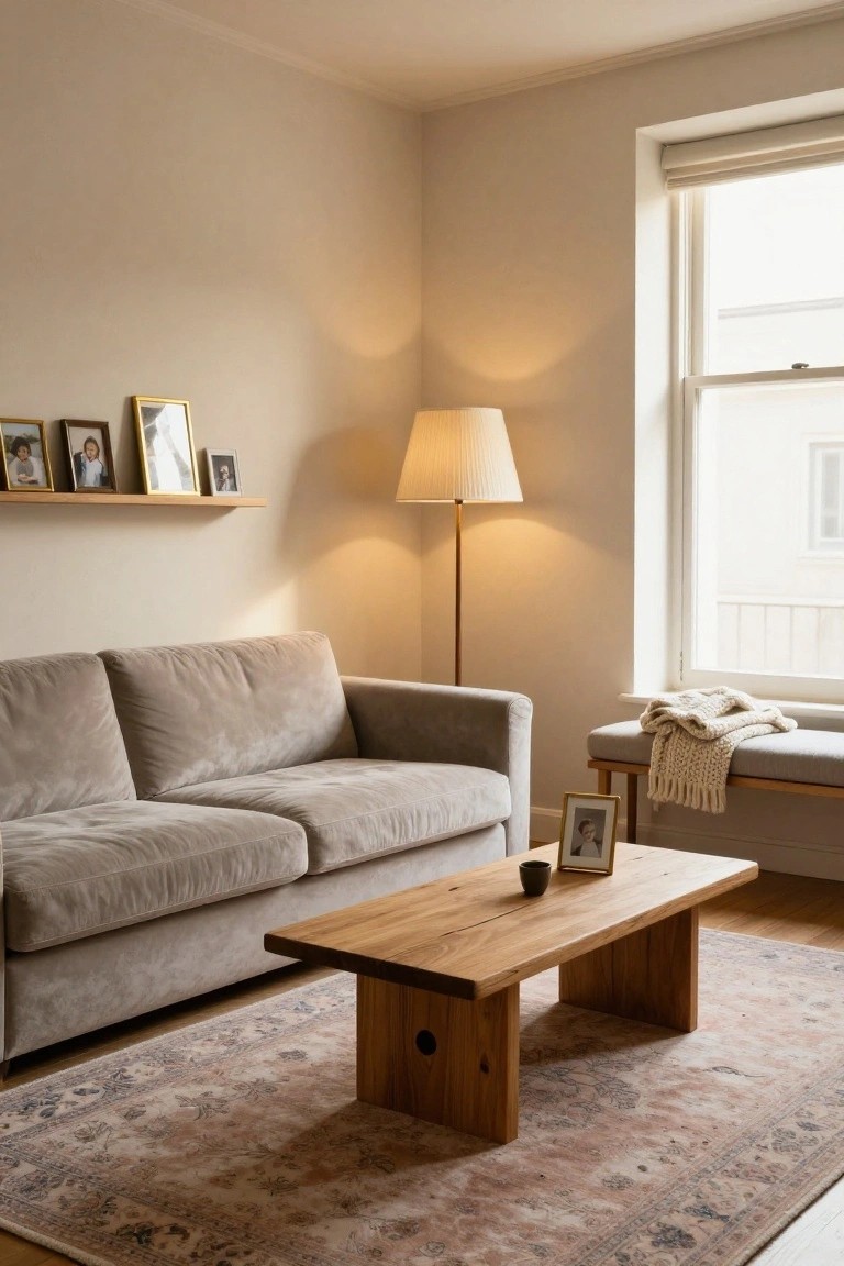 Apartment living room corner with light beige walls, gray velvet sofa, low wooden coffee table on pink-toned Persian rug, tall floor lamp, floating wood shelves holding photo frames, and window bench with knit throw.