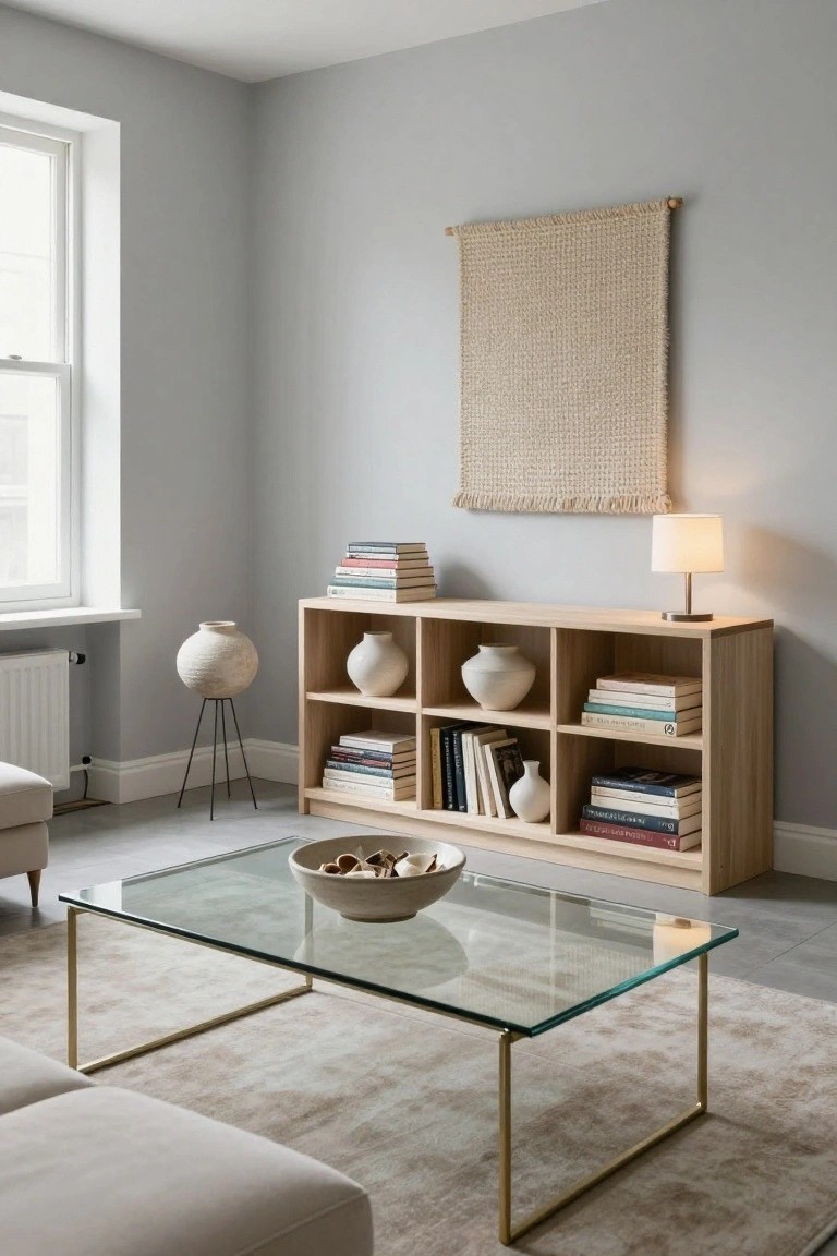 Light gray living room corner with oak shelving unit holding white ceramic vases and books, glass coffee table with shell-filled bowl on beige rug, cream sofa, and woven wall hanging.