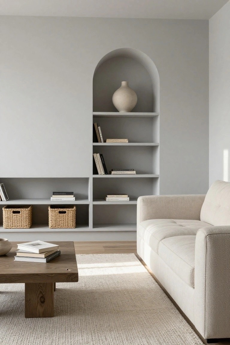 Light gray living room with built-in open shelving unit featuring an arched niche holding a white vase, shelves with books and wicker baskets, cream sofa, wooden coffee table with books, and light rug on wood floors.