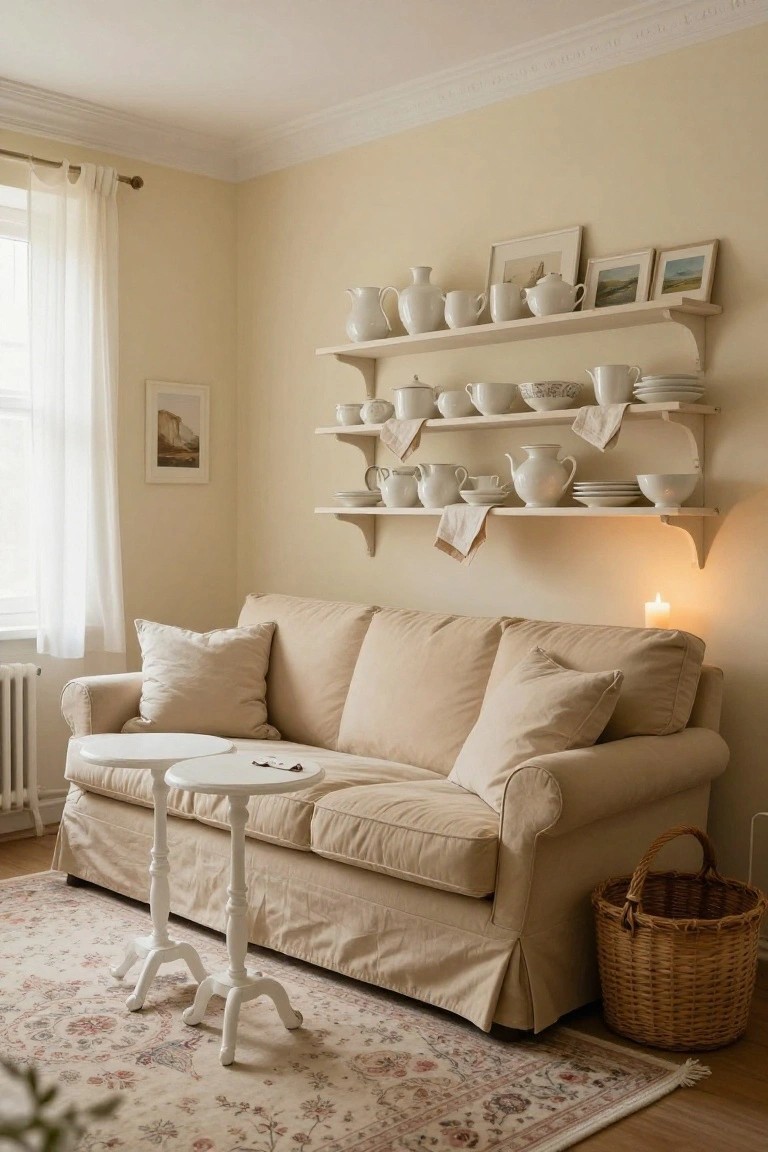 A light beige living room with open white wooden shelves displaying white ceramic pitchers, cups, bowls, and plates above a beige slipcovered sofa, small white side tables, a woven basket, and a candle on a bracket.