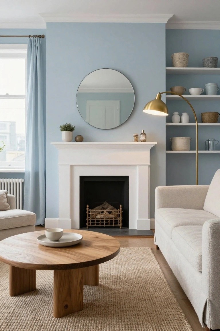 Living room with pale blue walls, white fireplace mantel, cream-colored sofa, round wooden coffee table on seagrass rug, gold arc lamp, round mirror, and shelves holding ceramics and baskets.