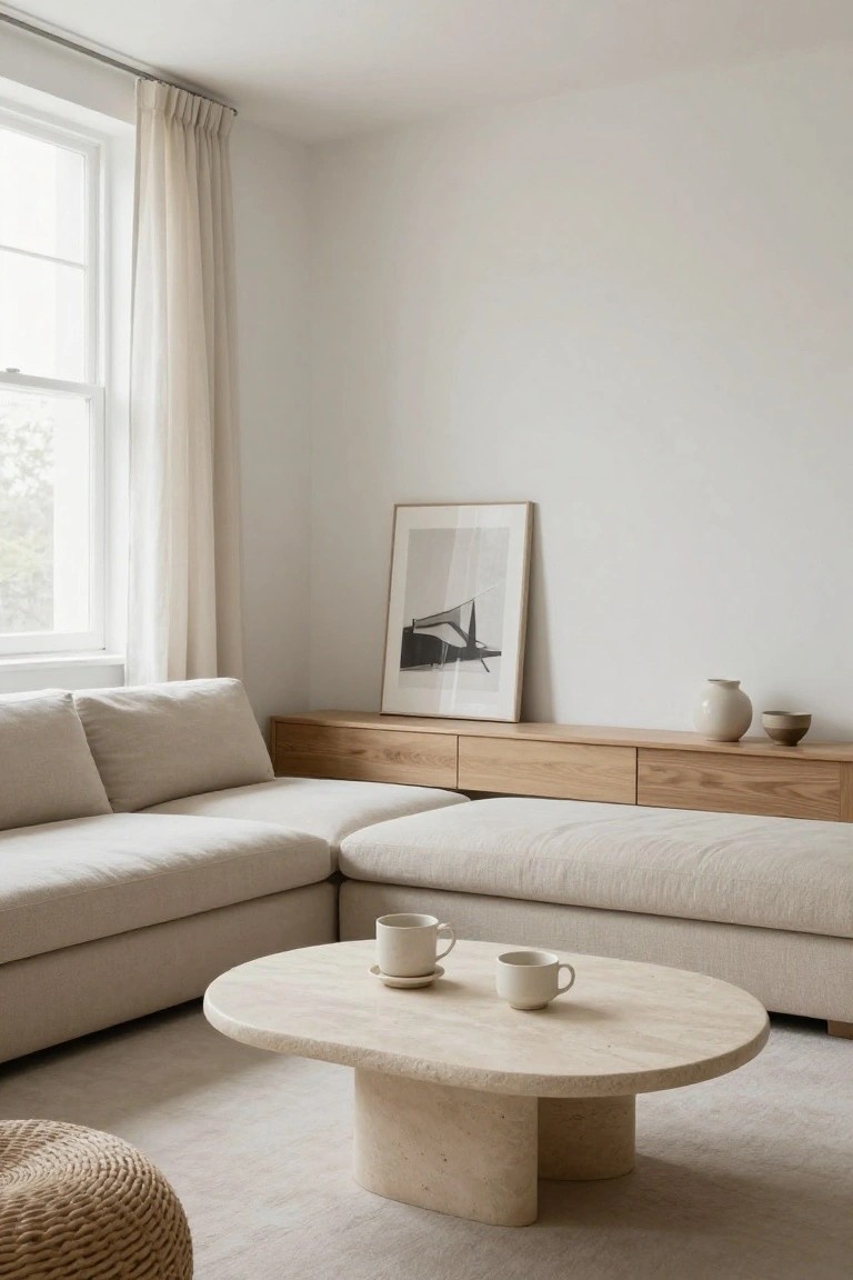 A cozy apartment living room corner featuring a light beige L-shaped sofa, oval travertine coffee table with white mugs, oak built-in cabinets, a large abstract print on the wall, and sheer curtains over a window.