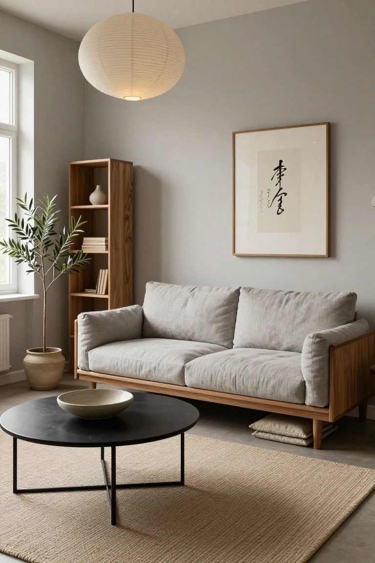 Minimalist apartment living room featuring light gray walls, beige linen sofa with wooden frame, wooden bookshelf with olive tree plant and books, black metal coffee table with white bowl, beige rug, paper lantern light, and framed calligraphy artwork.