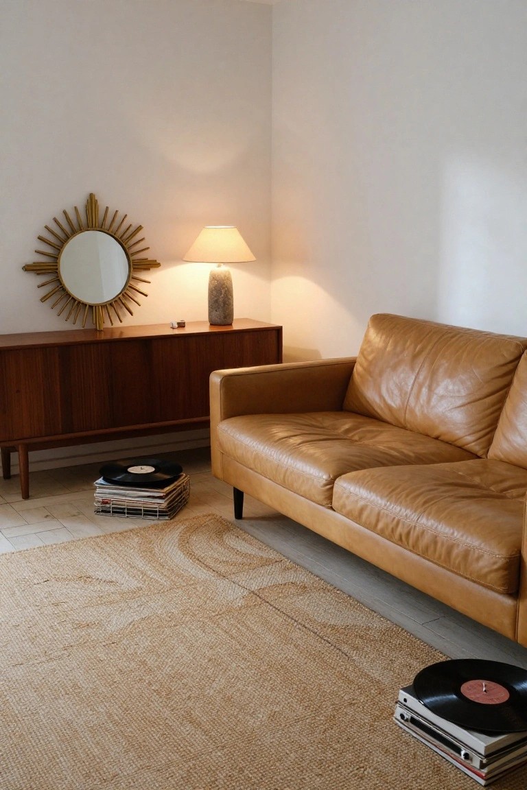 A living room corner with tan leather sofa, wooden credenza holding records and a lamp, gold sunburst mirror on white wall, stone vase, and jute rug with stacked vinyl records on tiled floor.