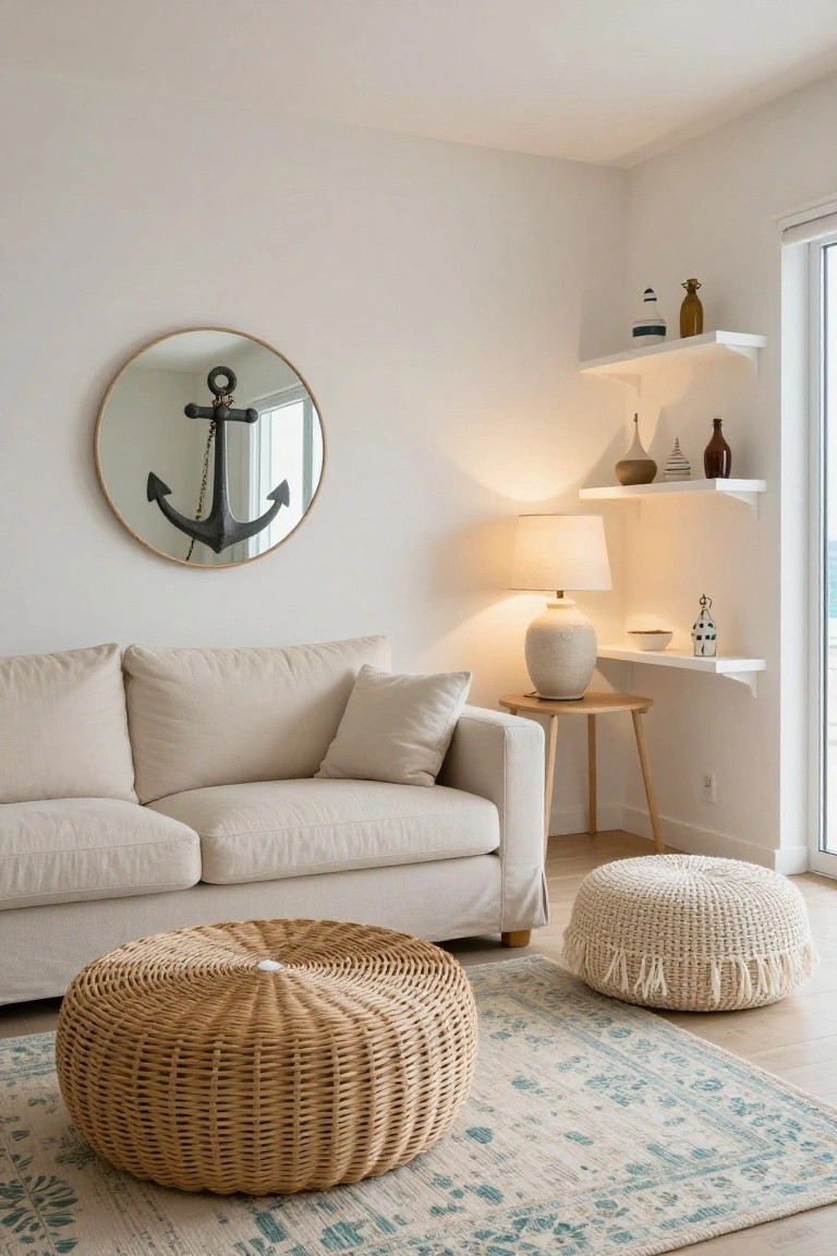 A cozy apartment living room corner with a light beige linen sofa, two woven poufs in wicker and knit, white floating shelves holding ceramics and bottles, a round mirror with black anchor reflection, a ceramic lamp on a wood side table, and a blue-patterned rug on light wood floors next to a glass door.