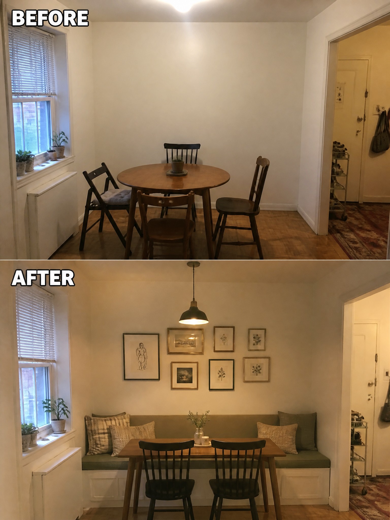 Before and after dining nook with round table, bench seating, and gallery wall.