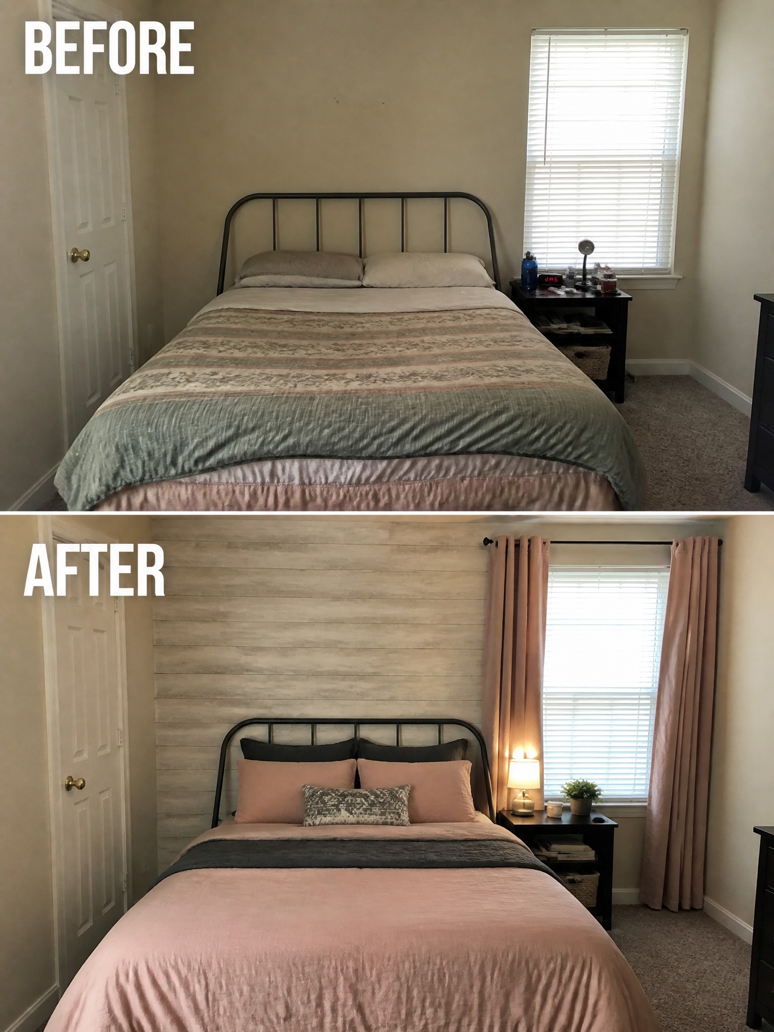 Before-and-after image of a bedroom showing plain walls changed with a wood accent wall, curtains, and updated bedding.