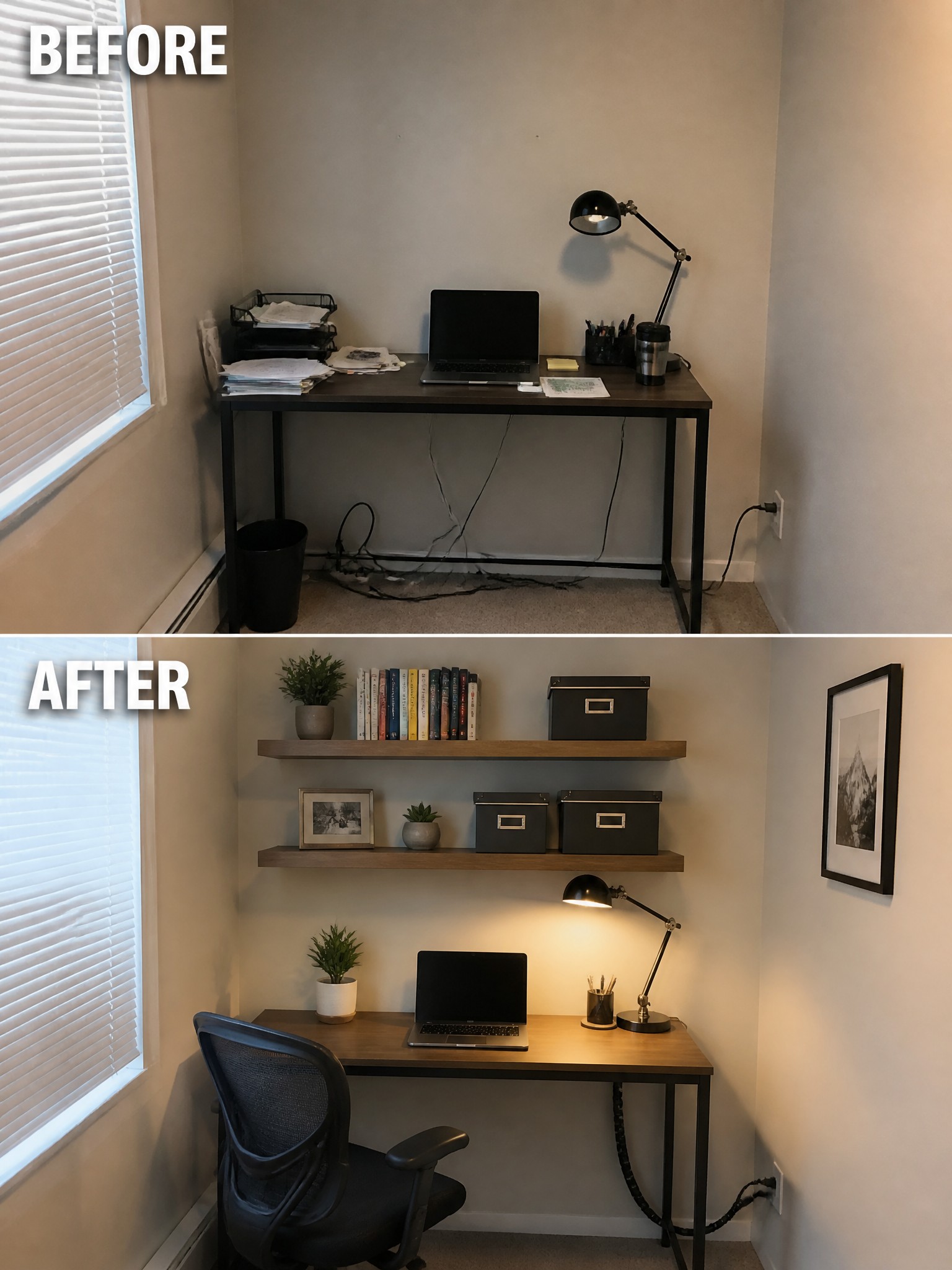 Before messy desk with papers and cables, after organized shelves and workspace.