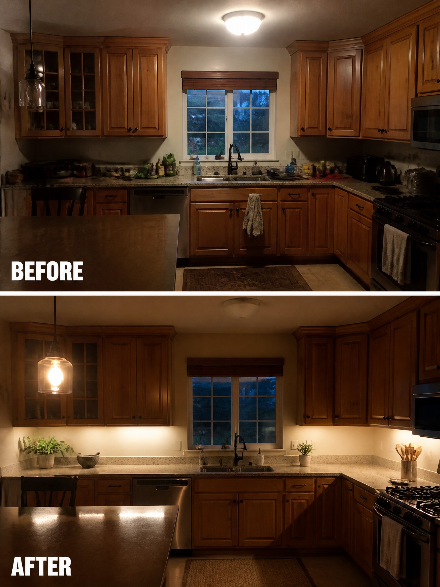 Before and after of a wooden kitchen with upgraded lighting and decor.
