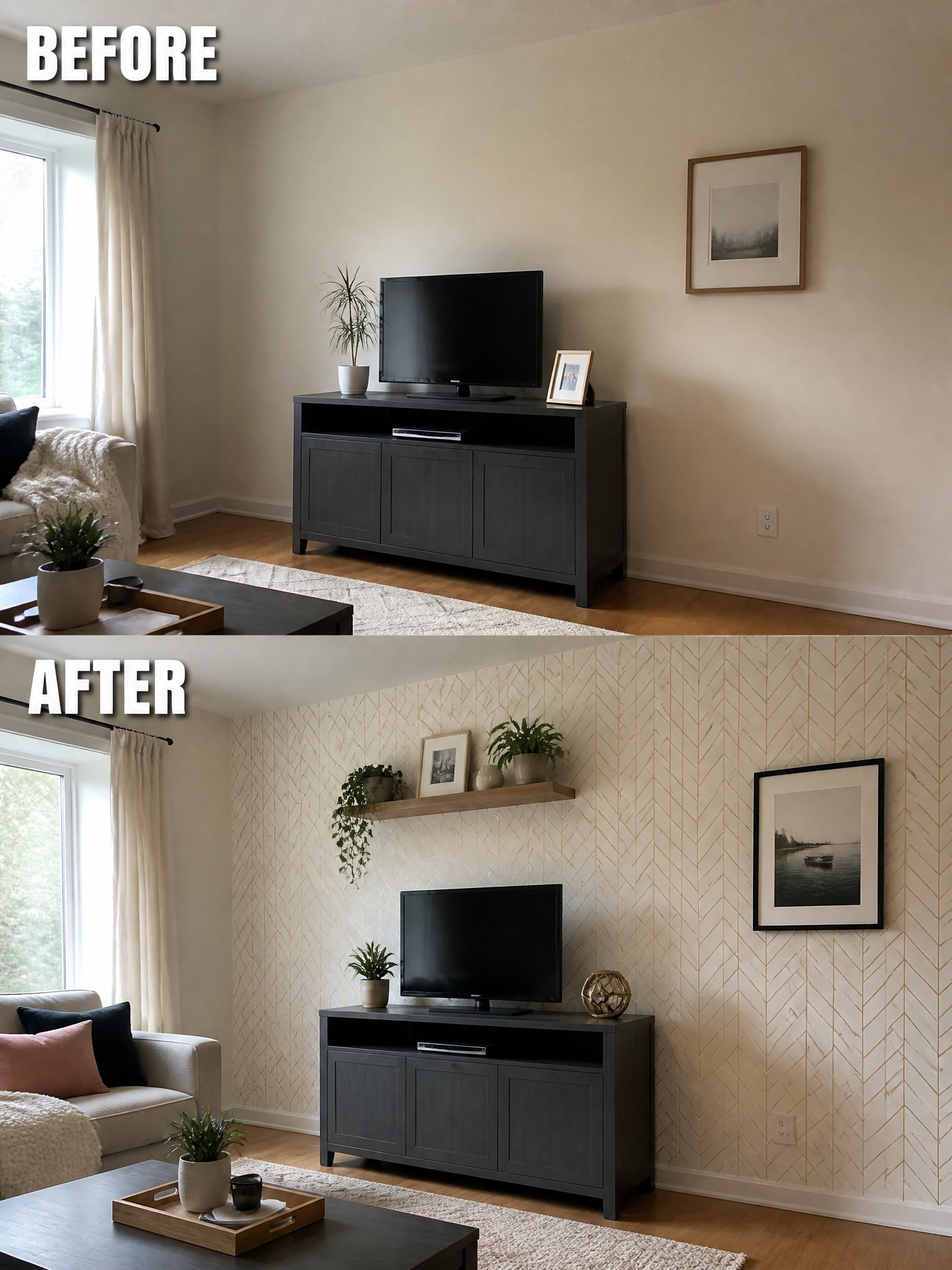 Before and after living room with herringbone wallpaper and floating shelf