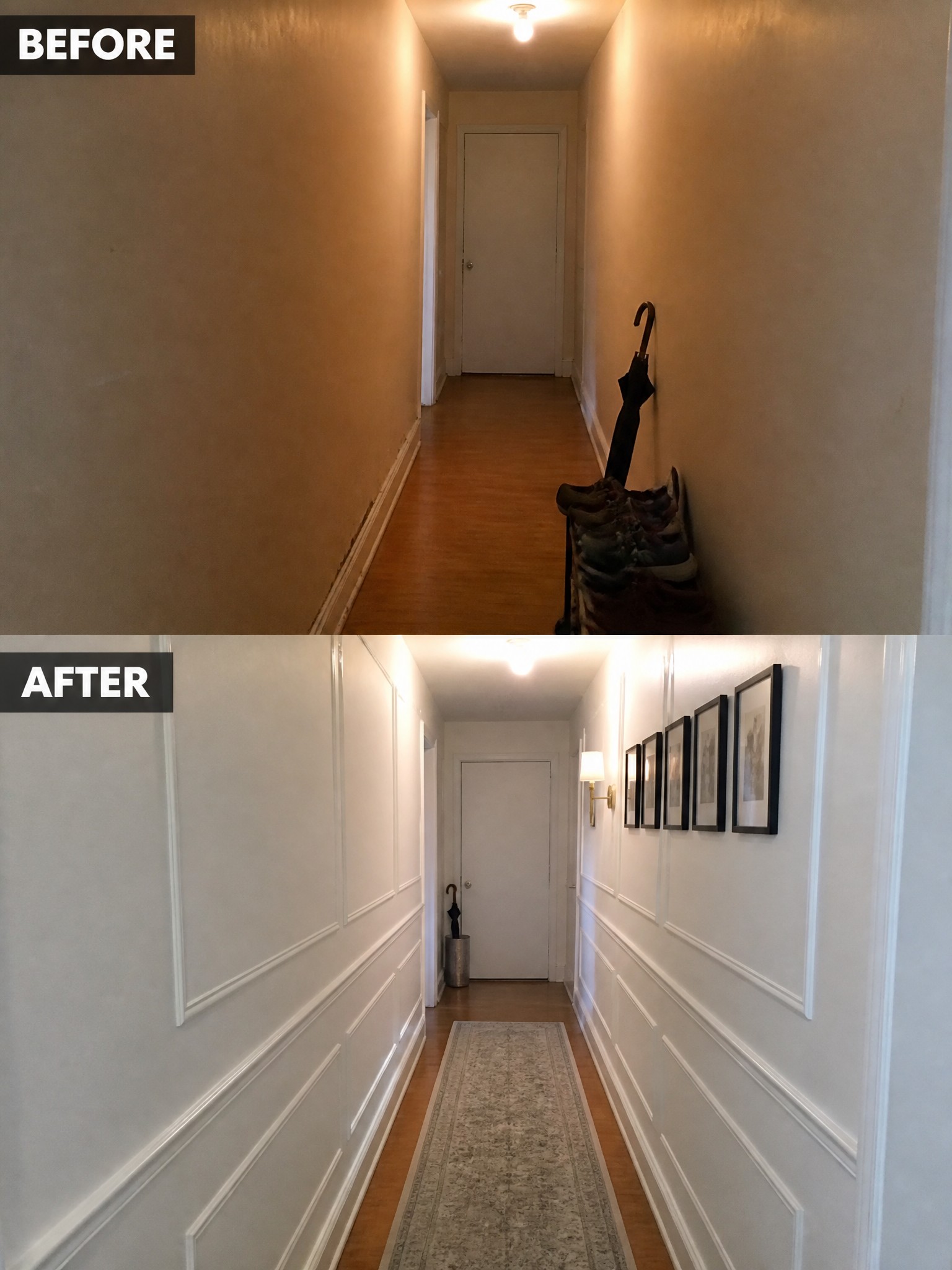 Before-and-after image of a narrow hallway transformed by adding white wainscoting, a runner rug, wall sconces, and framed art.