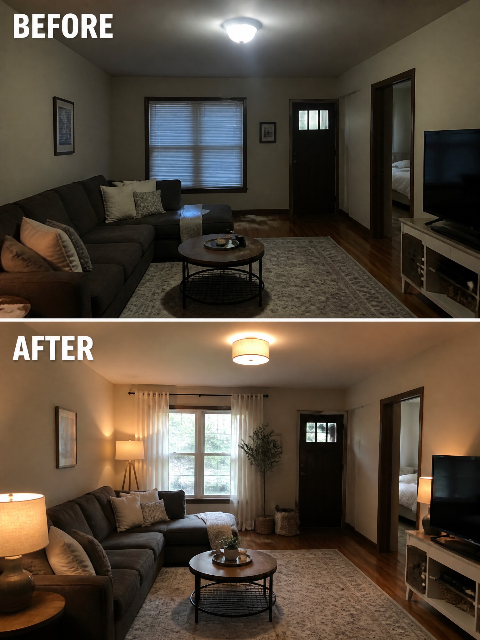 Before and after living room with updated warm lighting, curtains, and decor