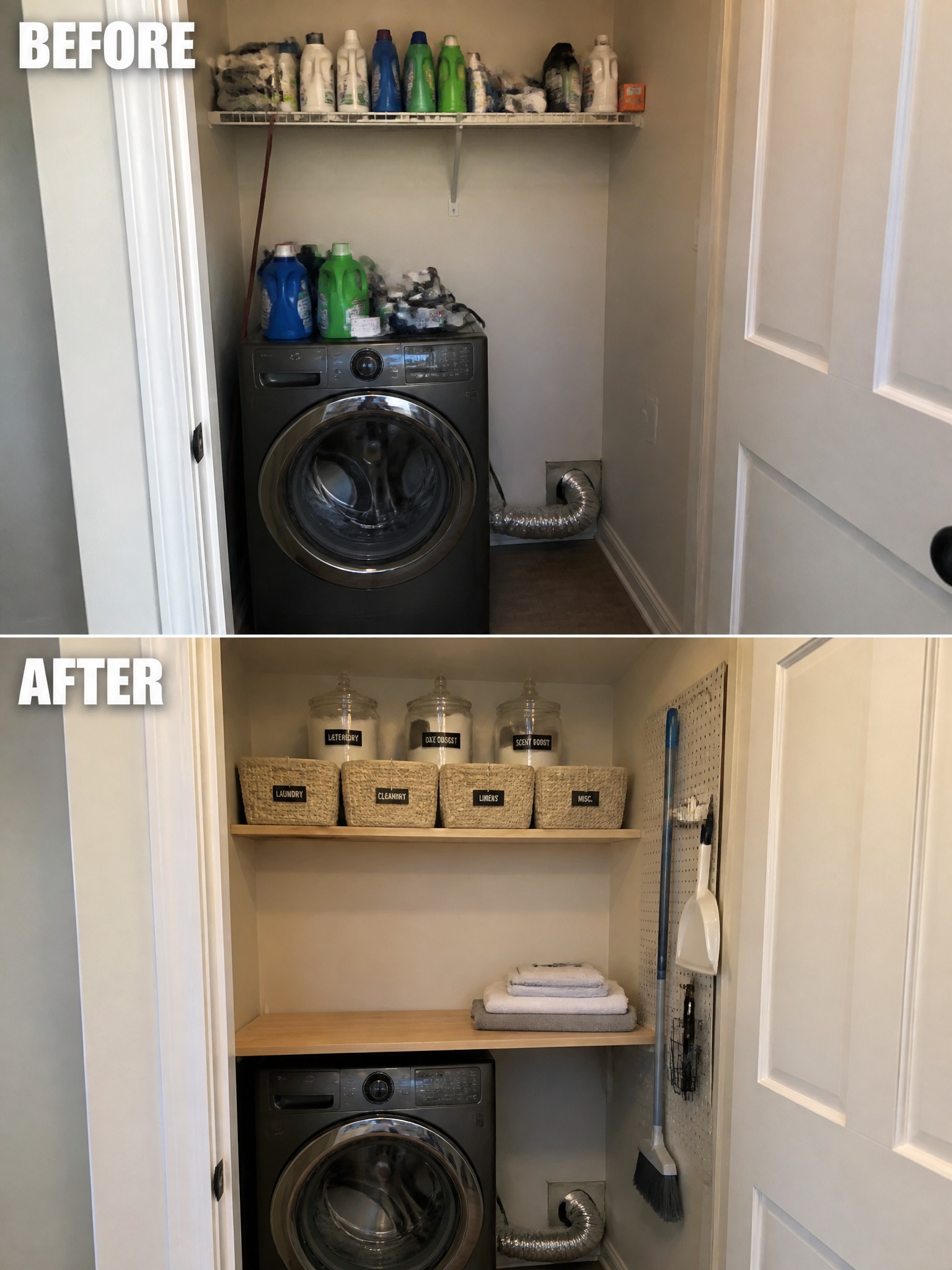 Before-and-after image of a cluttered laundry closet reorganized with added shelves, woven baskets, labeled jars, and a pegboard for hanging tools.