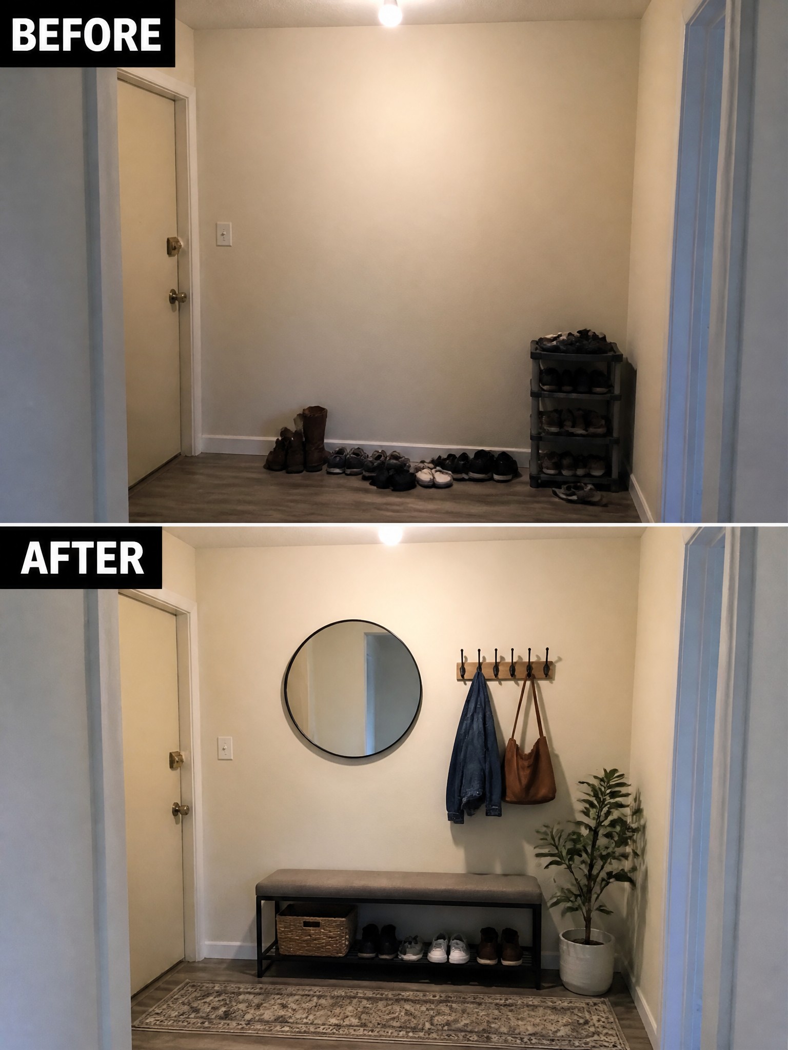 Before-and-after entryway makeover: messy scattered shoes versus organized bench, mirror, and hooks.