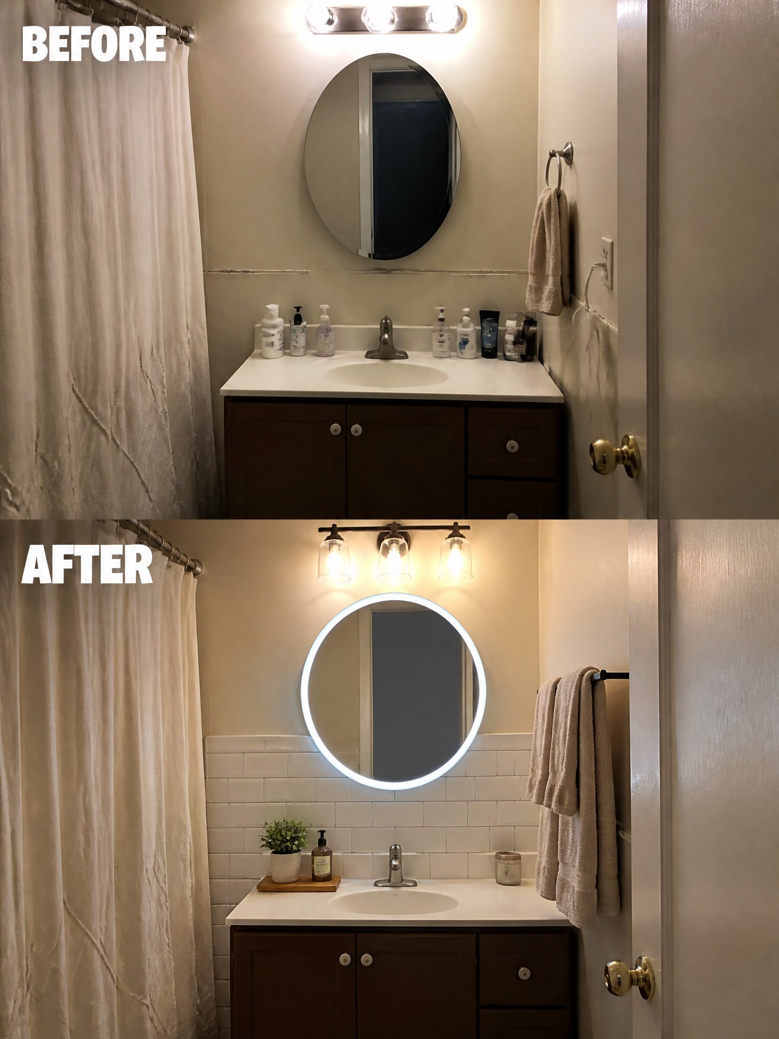Bathroom before-and-after with new backlit round mirror, subway tiles, and modern lighting.