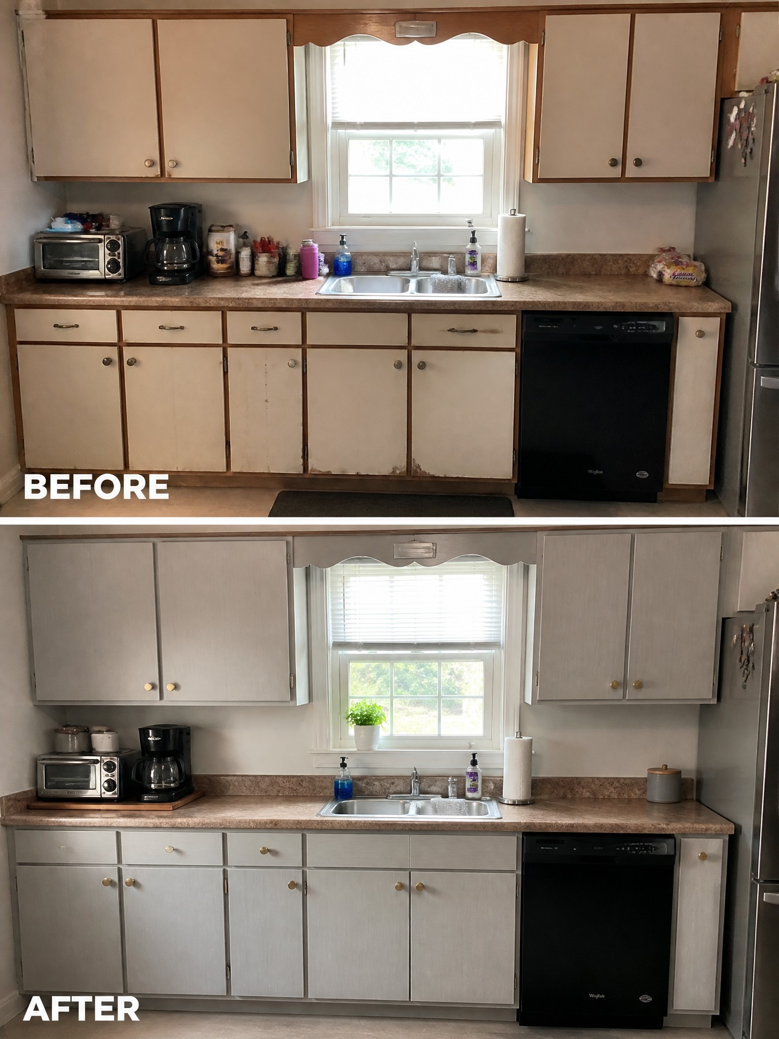 Before and after kitchen with cabinets repainted from beige to light gray.