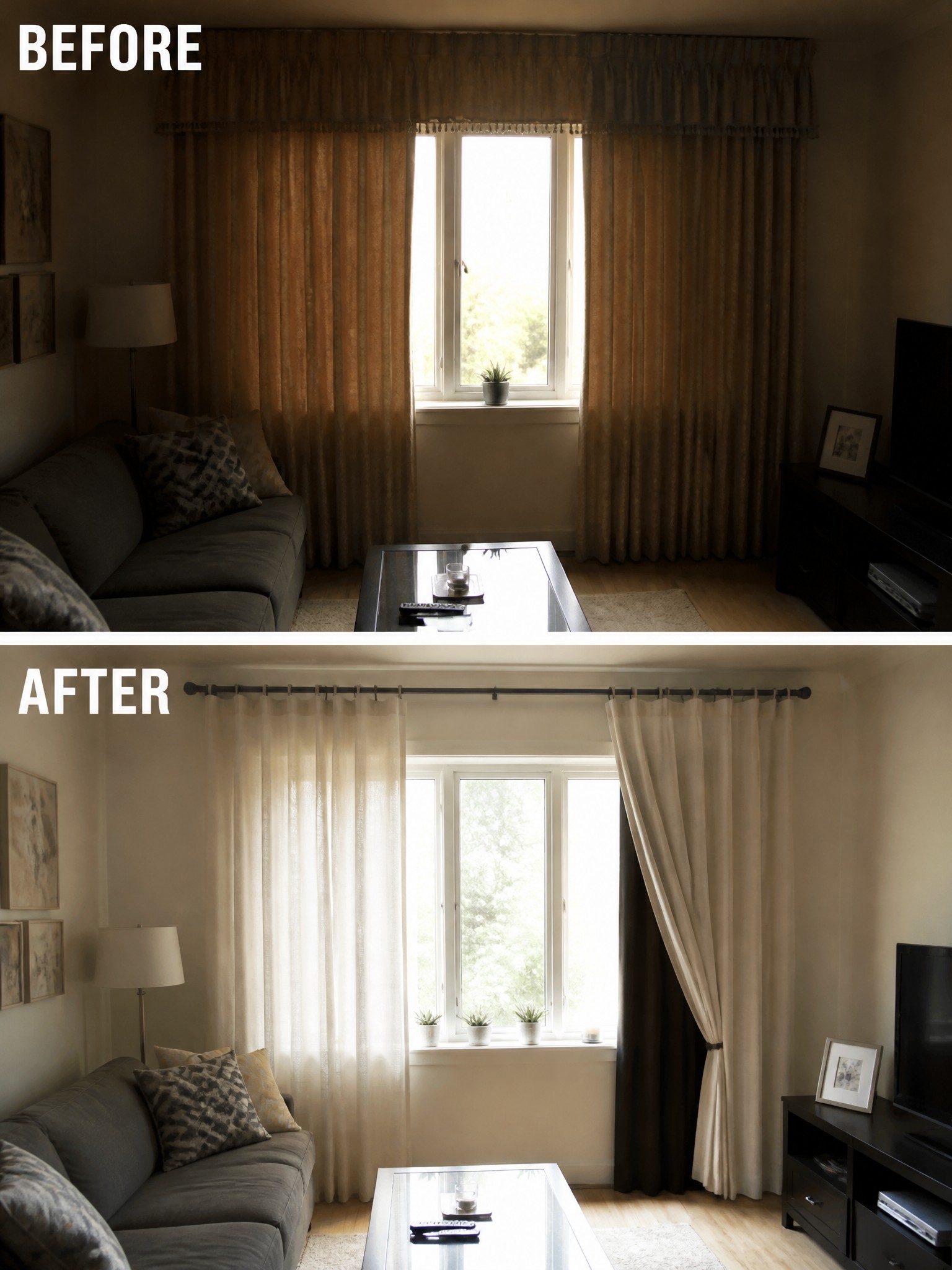 Before-and-after image of a living room where heavy brown curtains were replaced with light sheer curtains to let in more daylight.