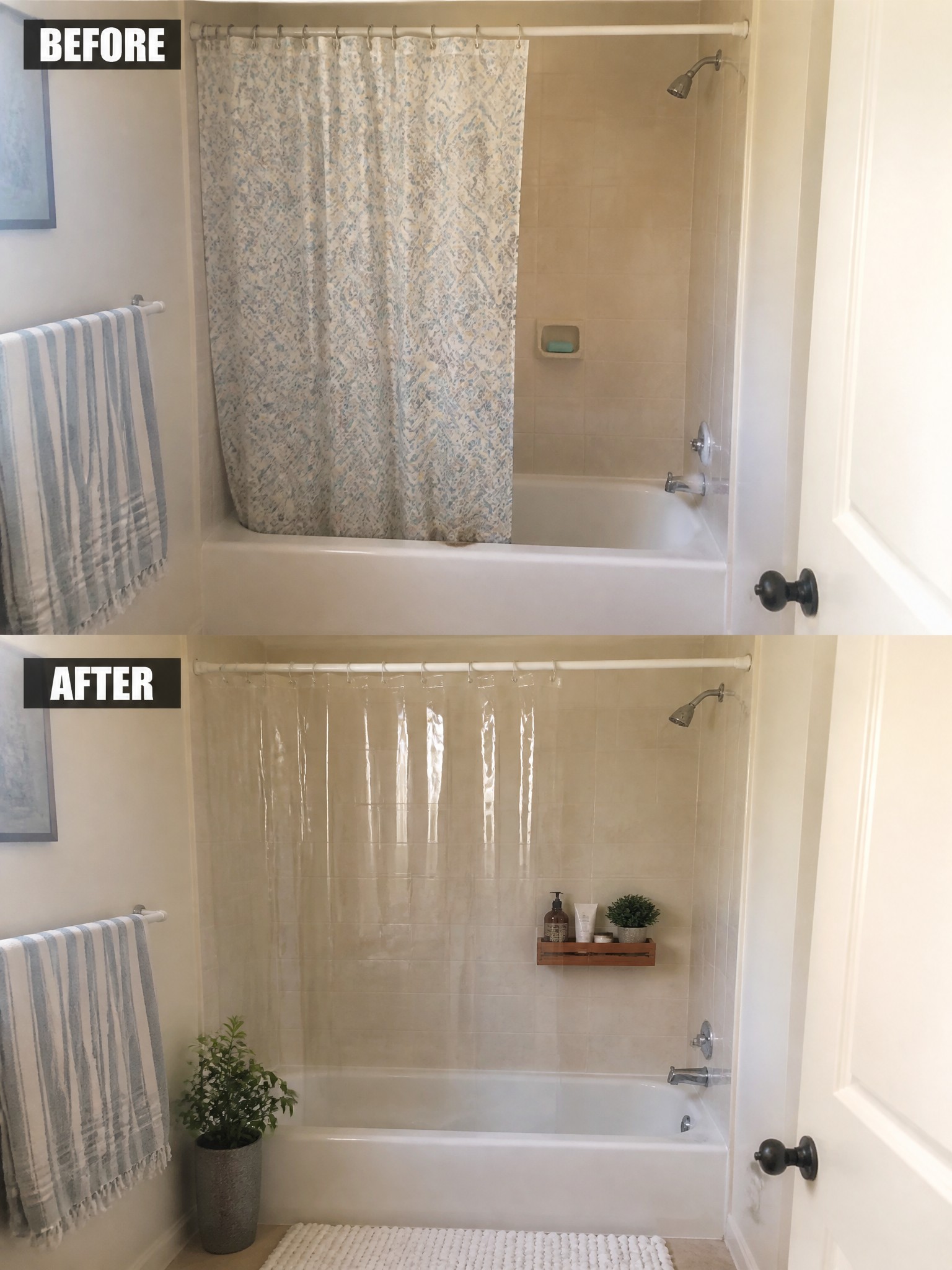 Before and after bathtub shower with patterned curtain replaced by clear liner and decor