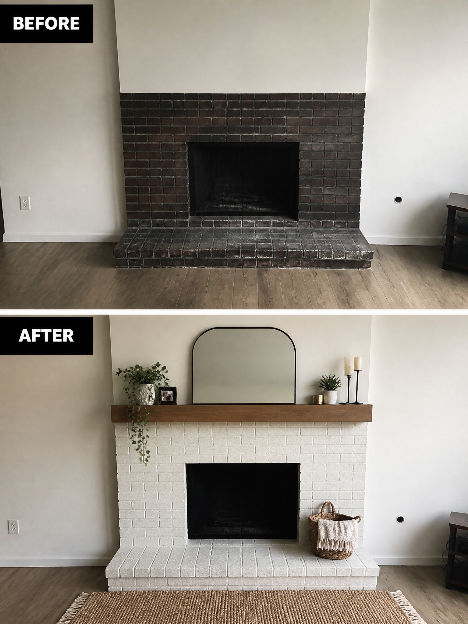 Before and after: dark brick fireplace transformed to white with wooden mantel and decor.