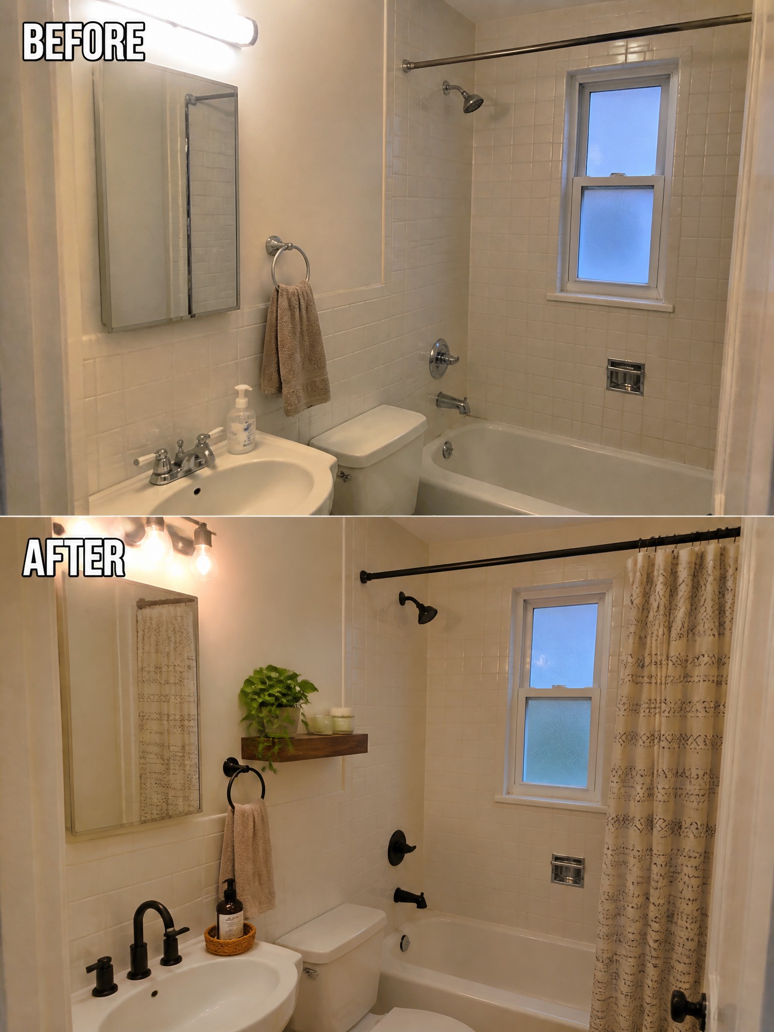 Before and after view of renovated white bathroom with black fixtures and patterned curtain