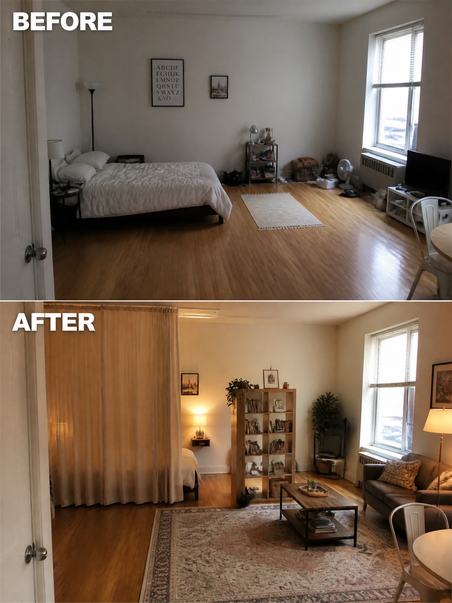 Before and after of bedroom transformed into living room with curtain divider.