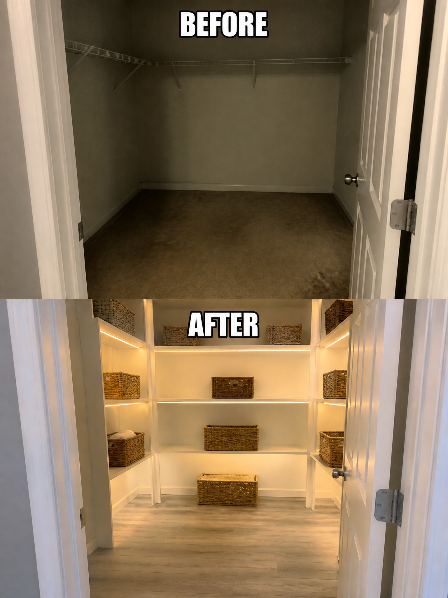 Before-and-after image of an empty closet with wire shelves transformed by white built-in shelving, under-shelf lighting, woven baskets, and new flooring.