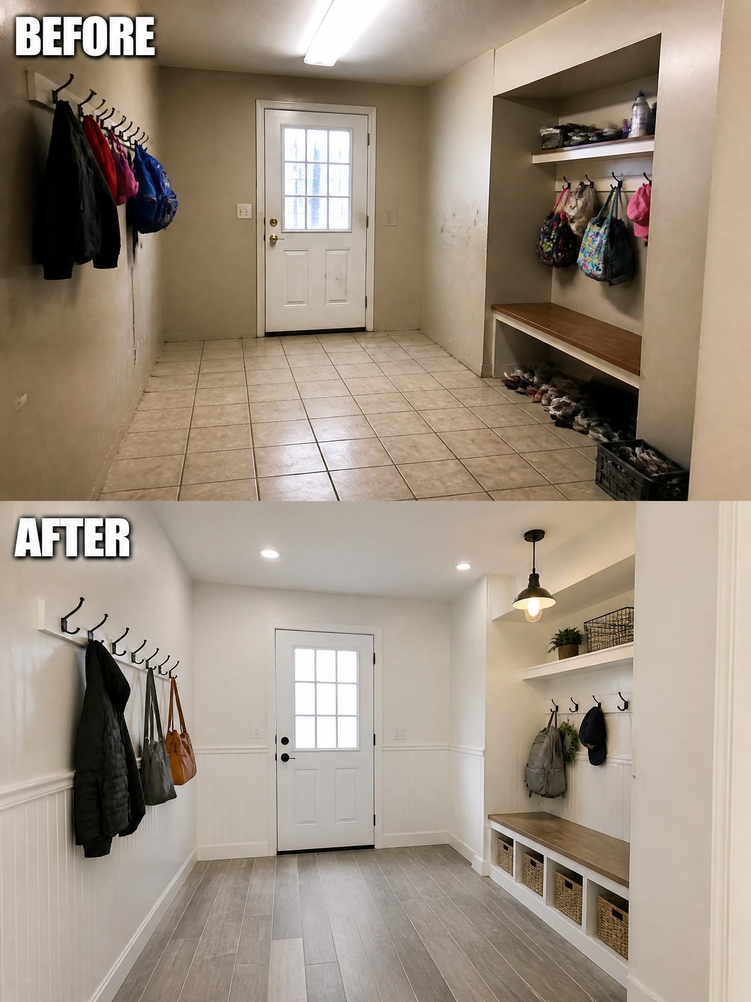 Before-and-after image of a mudroom updated with new flooring, white paint, wainscoting, built-in bench storage, and modern lighting.