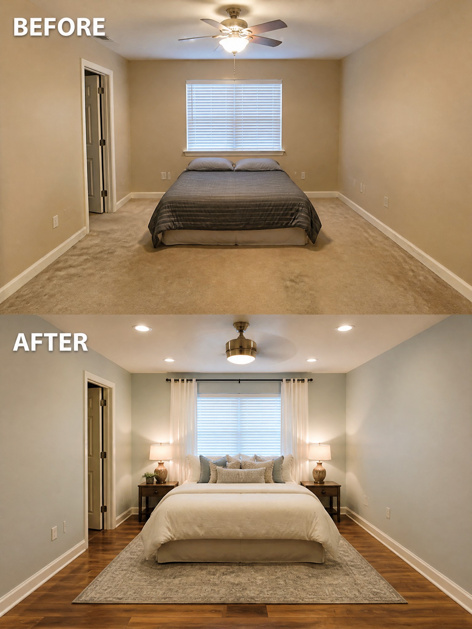 Before-and-after image of a bedroom changed from plain carpet and walls to a finished room with new flooring, a large rug, curtains, bedside lamps, and updated lighting.