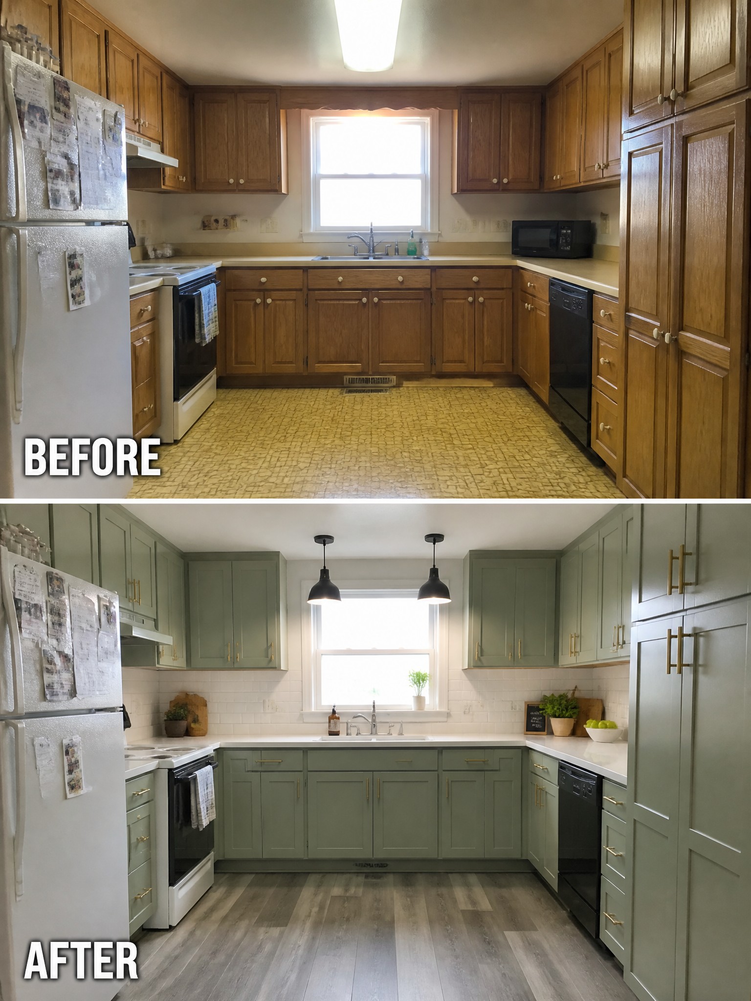 A kitchen makeover showcasing before and after: wood cabinets replaced with green ones and modern decor.