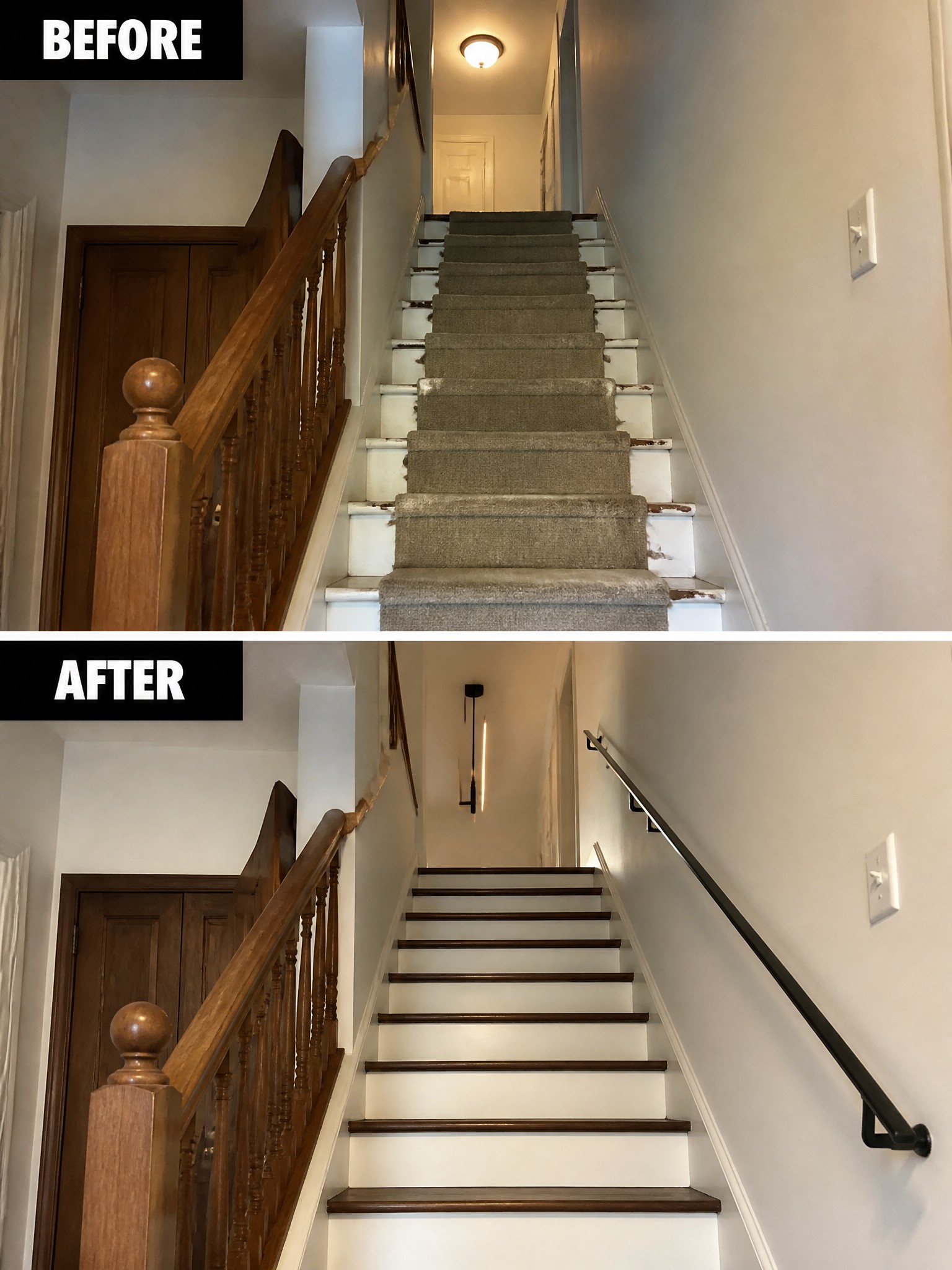 Before-and-after image of a carpeted staircase transformed by removing the carpet, painting the stairs white with dark treads, and replacing the railing with a modern black handrail.
