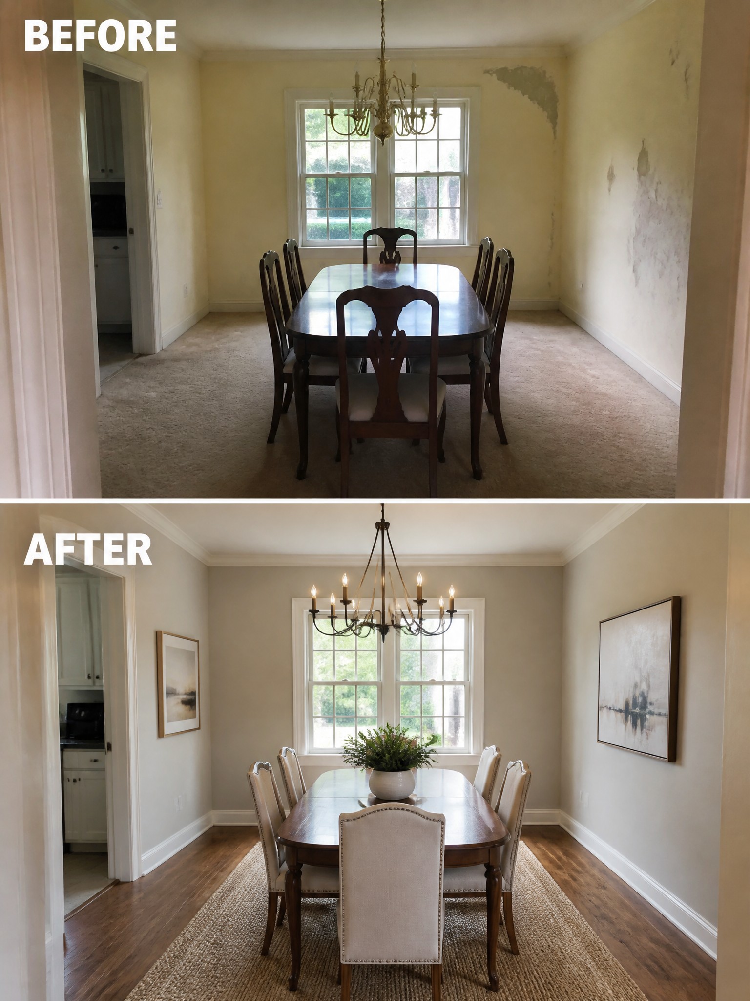 Before and after dining room makeover featuring a wooden table, beige chairs, and fresh paint.