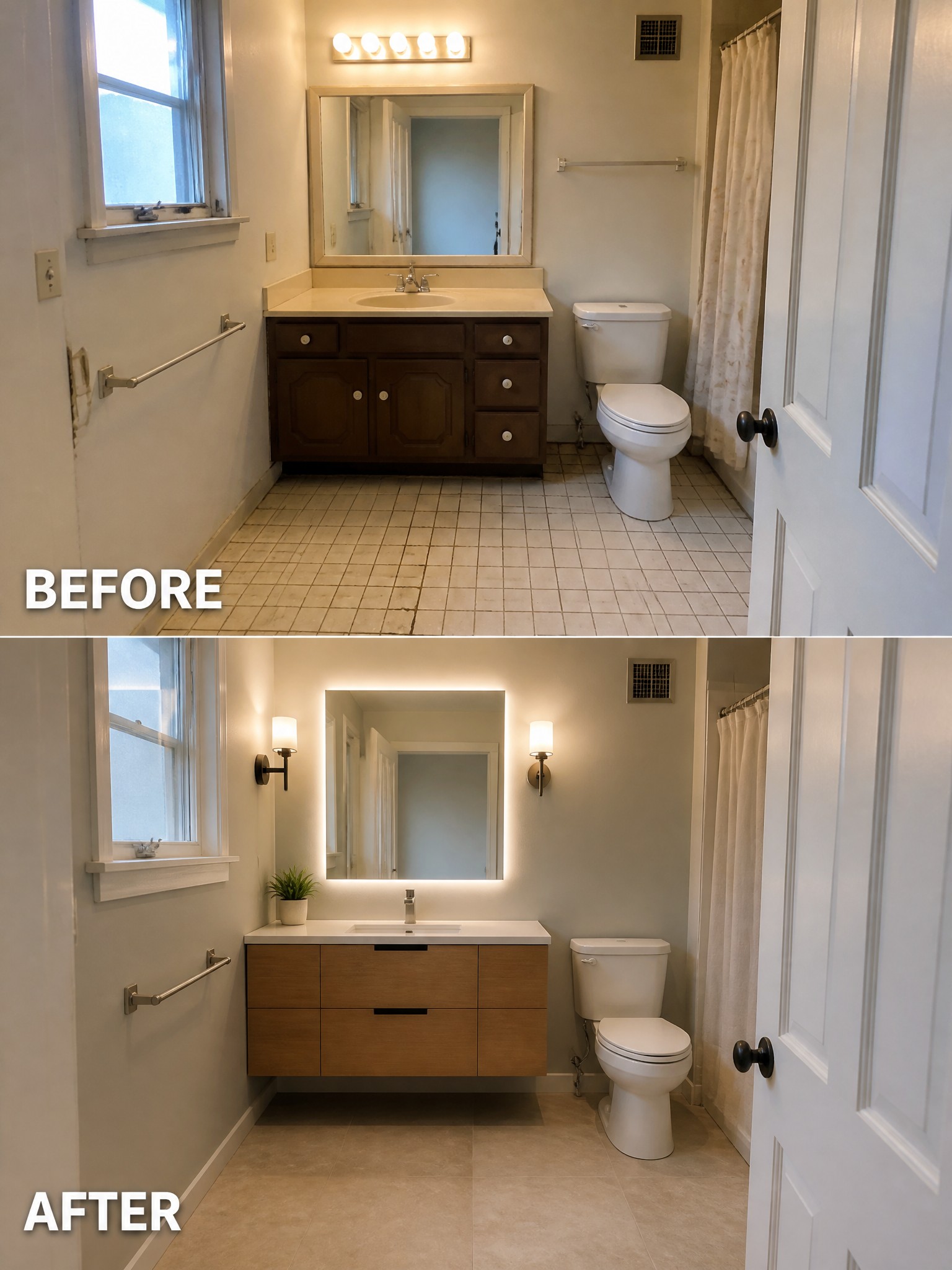 Before-and-after image of a bathroom with a dark wood vanity and small tiled floor updated to a light floating vanity, large beige tiles, and modern wall sconces.