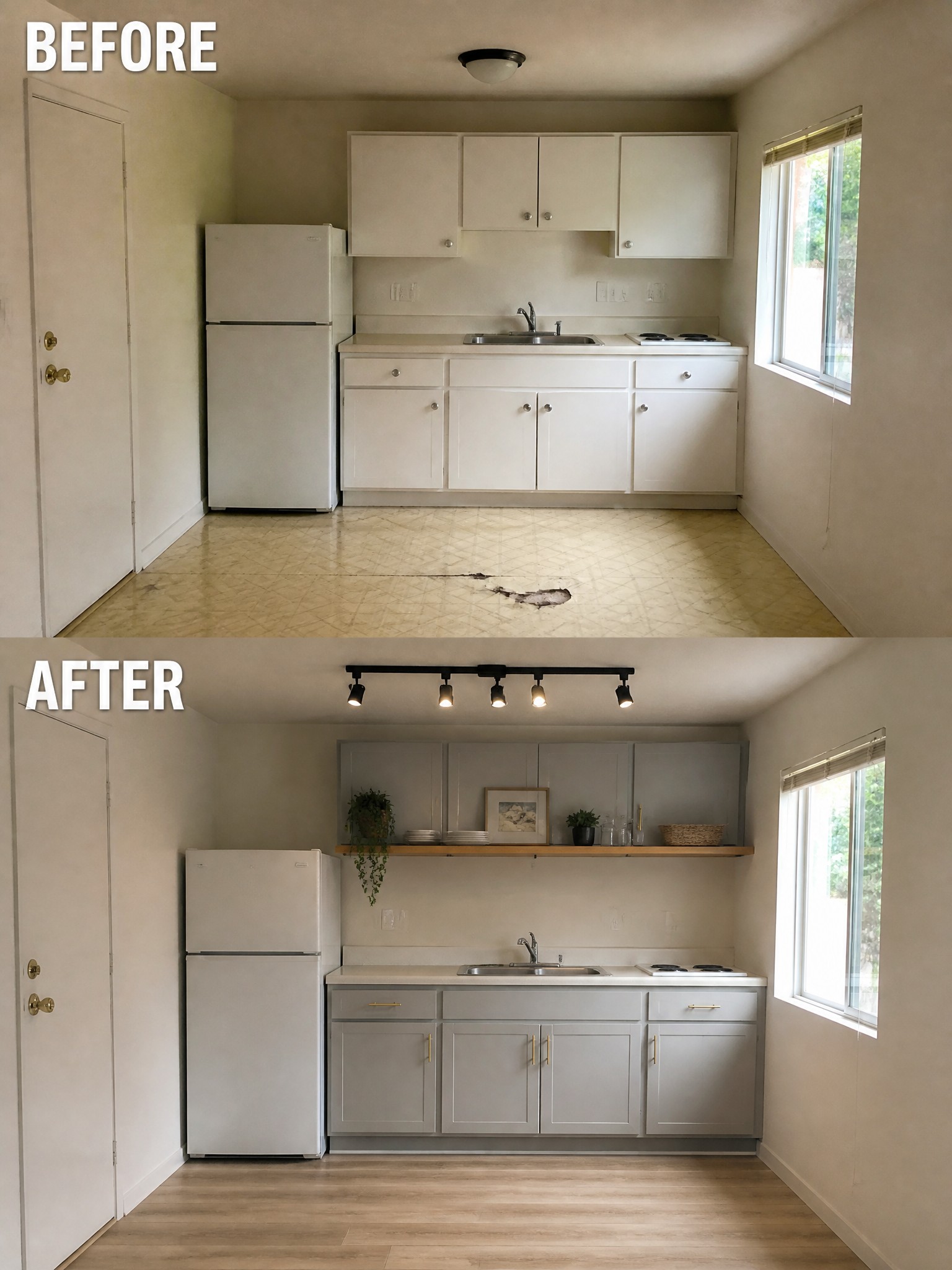 Before and after kitchen transformation showcasing white cabinets, gray accents, and modern lighting.