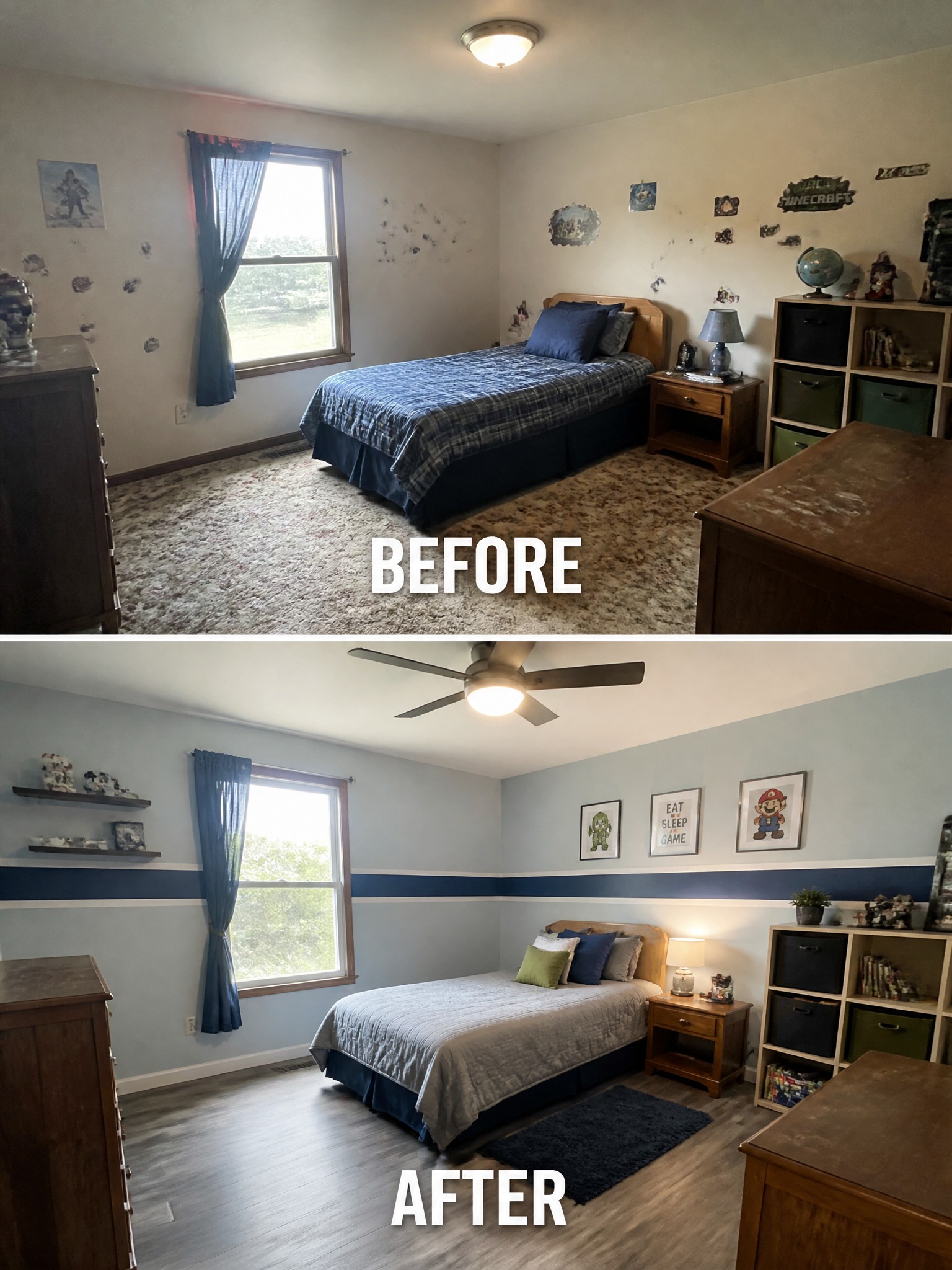 Before-and-after image of a bedroom with old carpet and plain walls updated with new flooring, light blue paint with a stripe, and a ceiling fan.