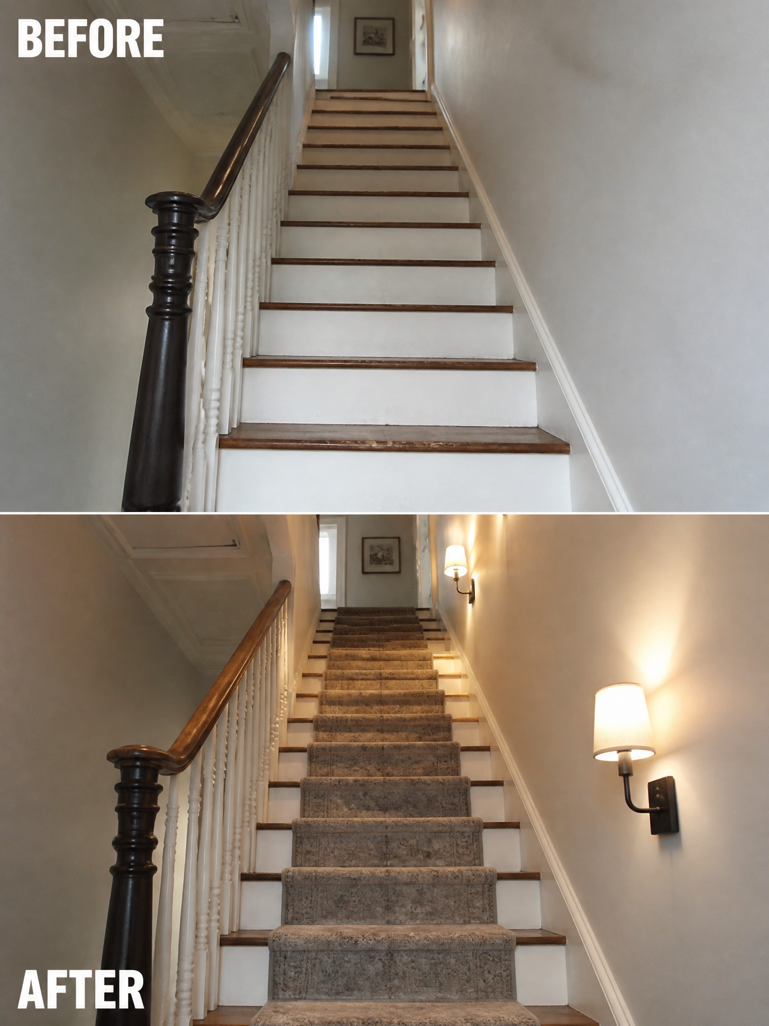 Before-and-after image of a staircase updated with a patterned runner and wall sconces.