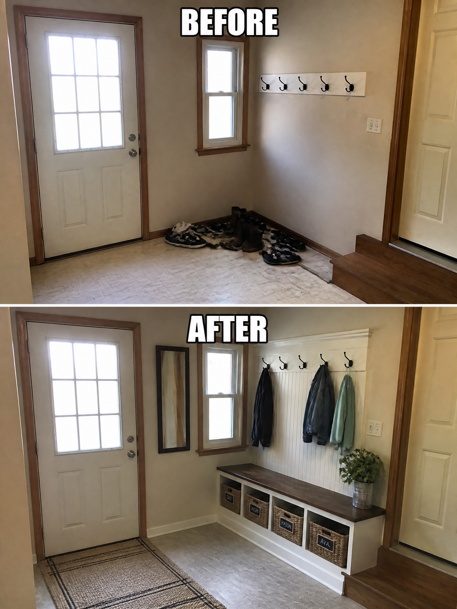 Before-and-after transformation of a small entryway, featuring organized shoes, hooks, and decorative baskets.