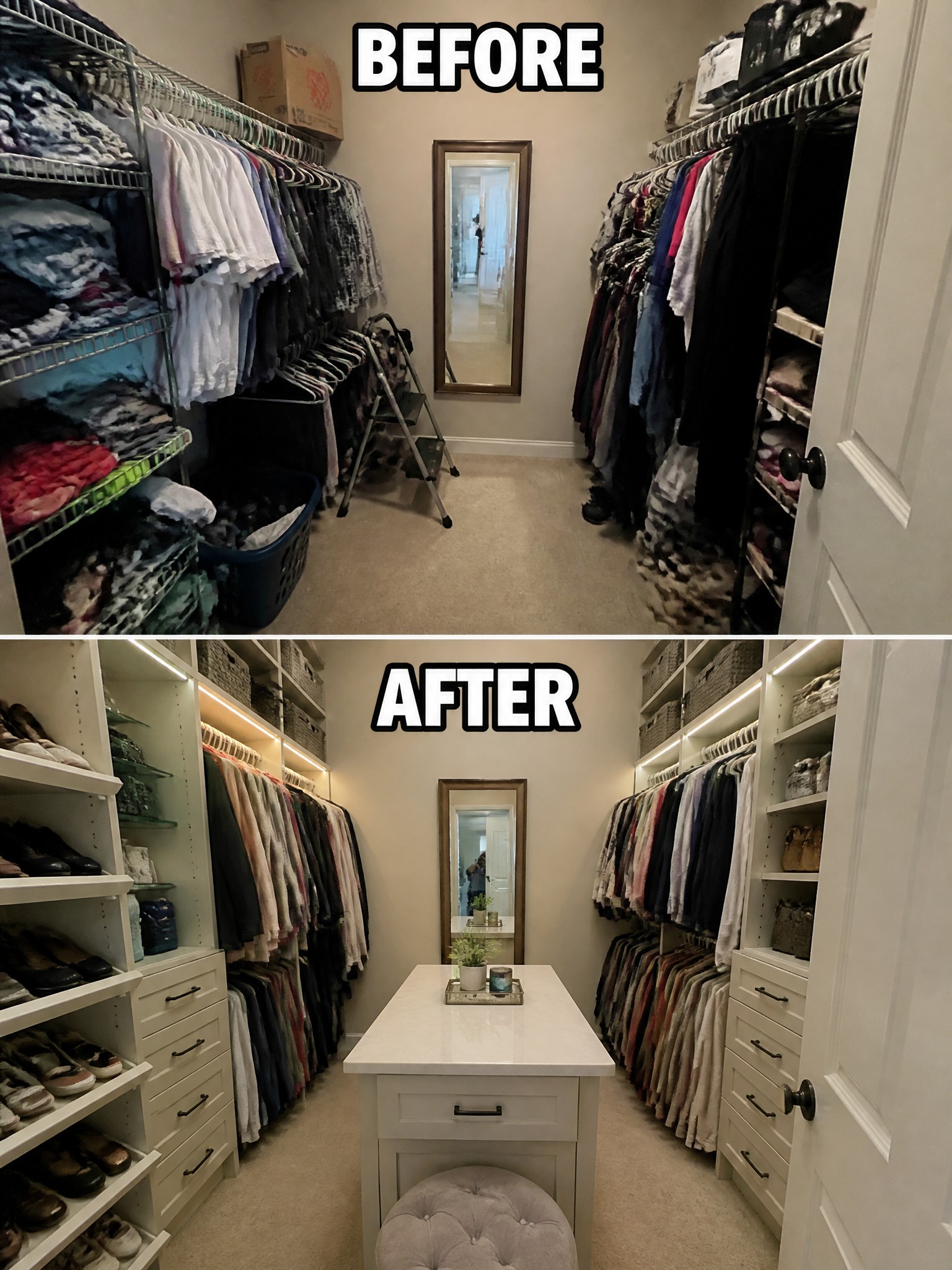 Before and after closet transformation with organized clothes, shoes, and stylish shelving.