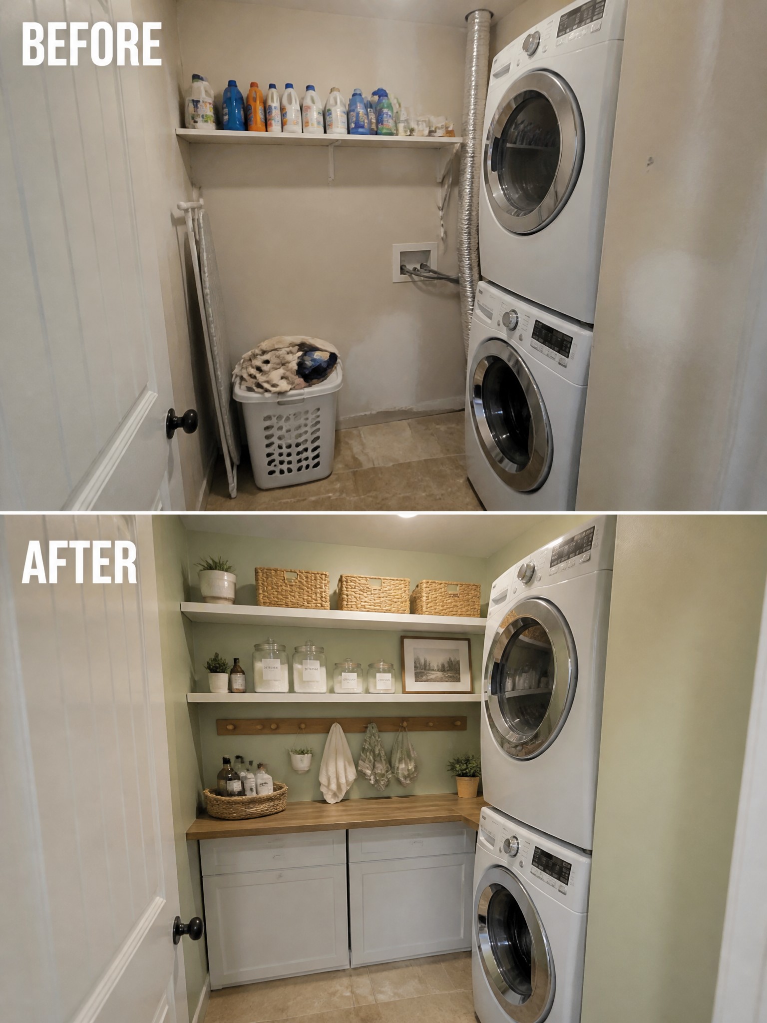 Before-and-after comparison of a laundry room, showcasing organized shelves and a wooden countertop.