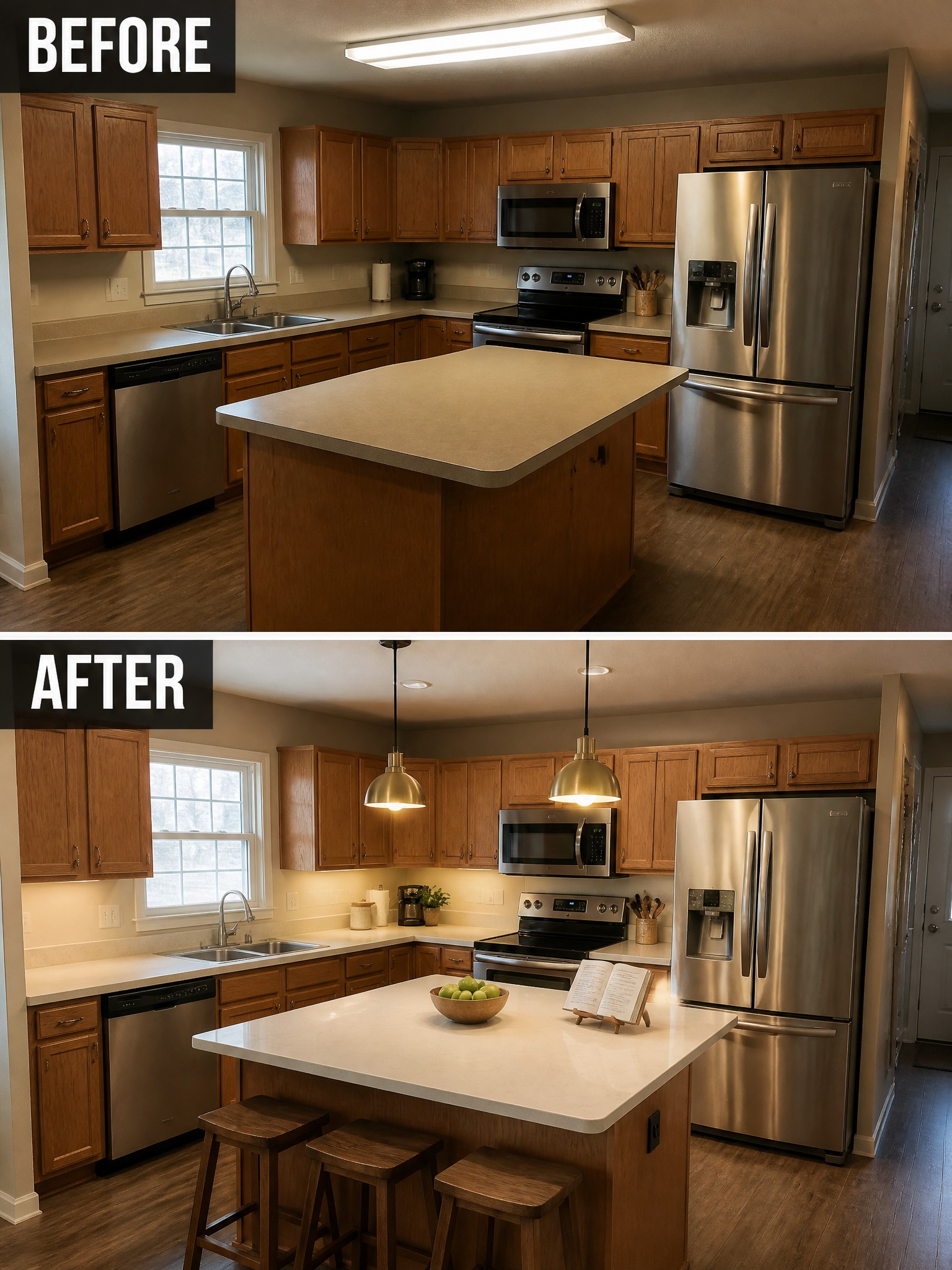 Renovated kitchen with modern lighting, sleek appliances, and warm wood tones.