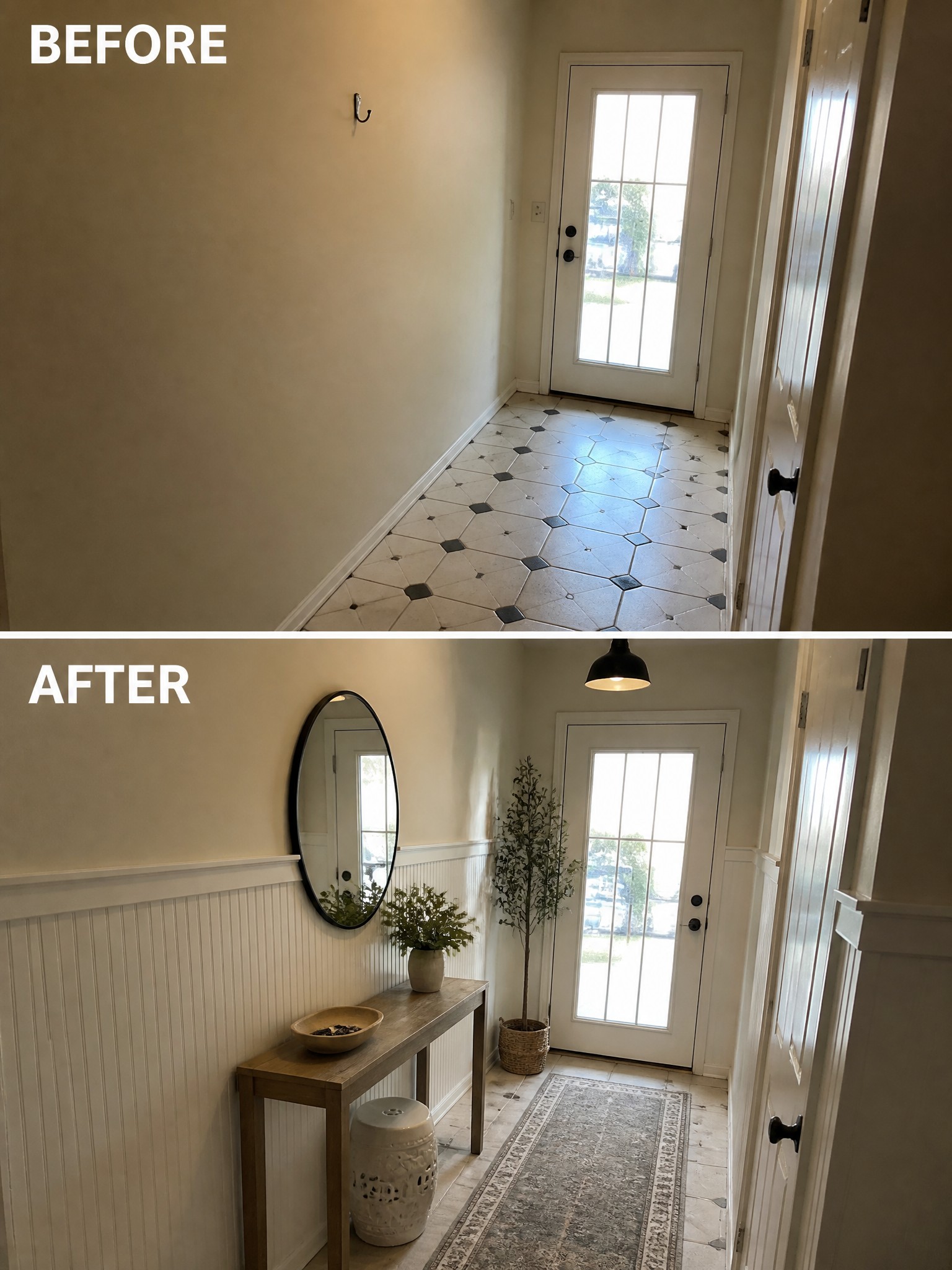 Transformative hallway before and after: cleaner walls, new decor, and improved lighting.