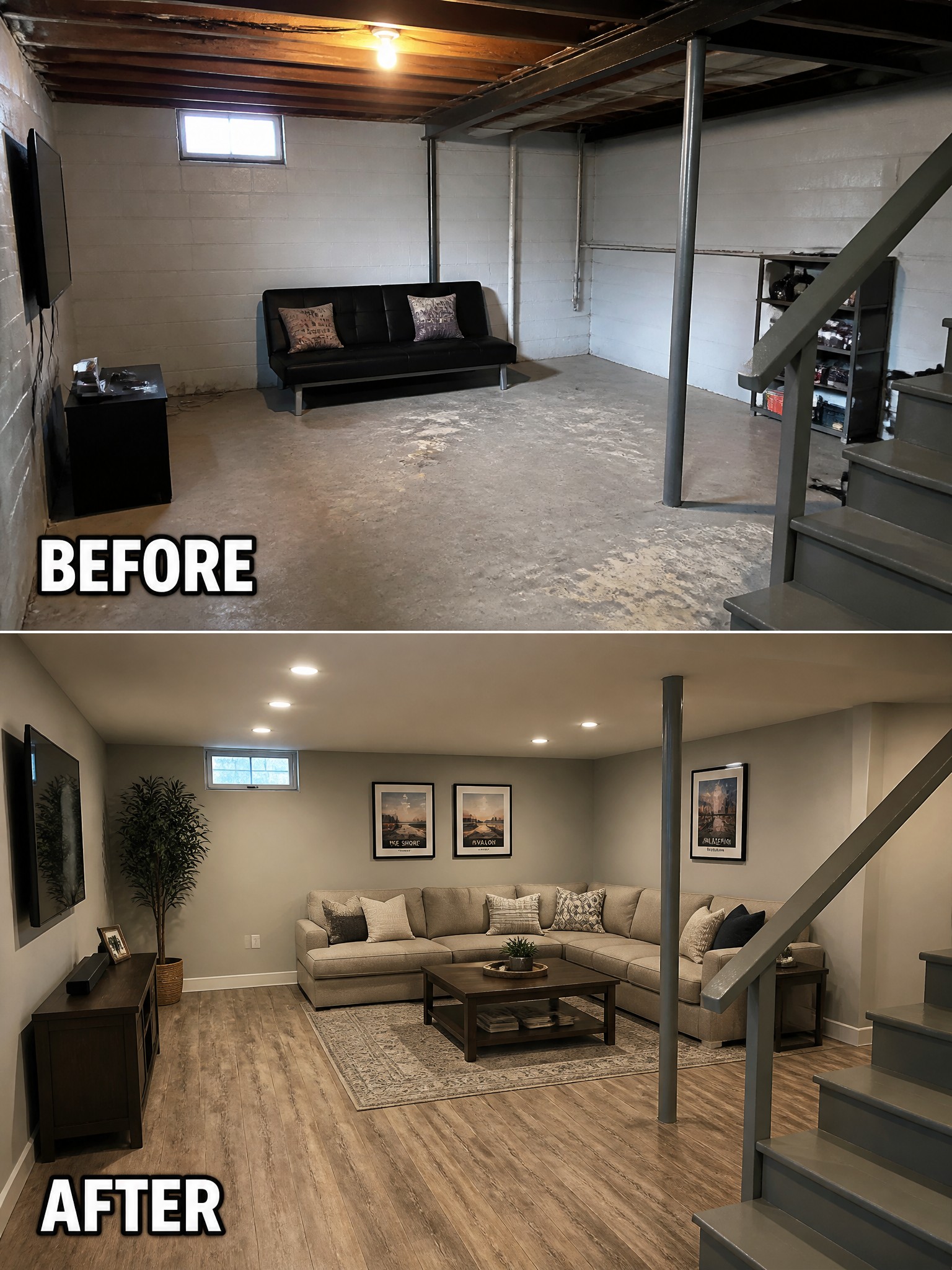 Before-and-after image of an unfinished basement transformed into a finished living room with wood-look flooring, a sectional sofa, area rug, and wall decor.
