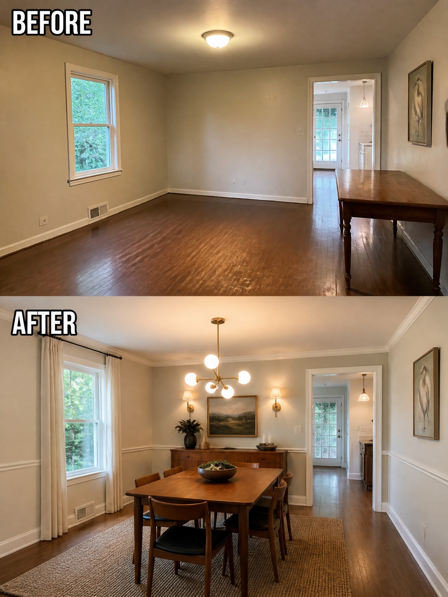 Before and after transformation of a dining room, showcasing a table and lighting upgrades.