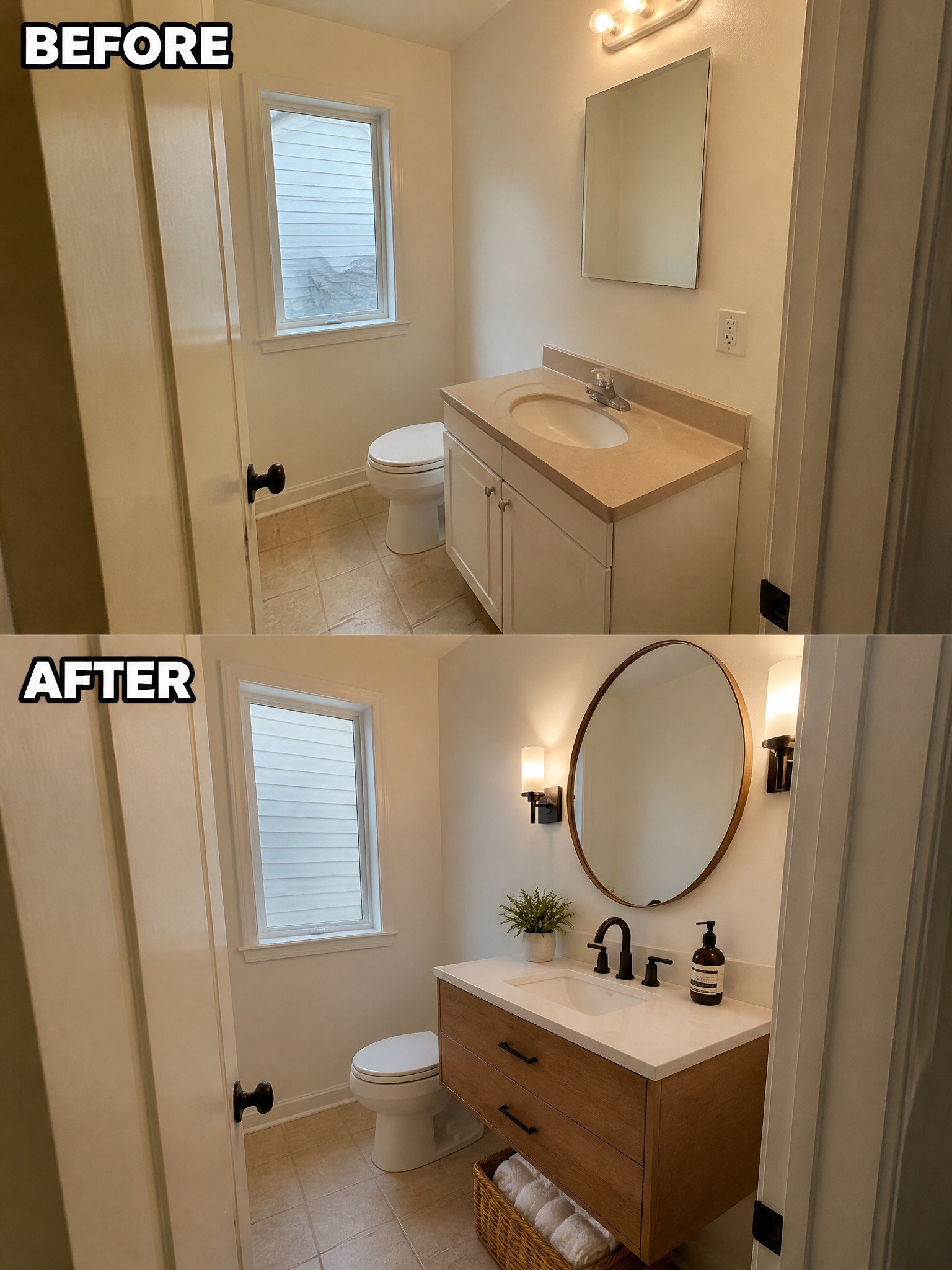 Bathroom renovation showing a transition from a plain setup to a modern vanity with rounded mirror.