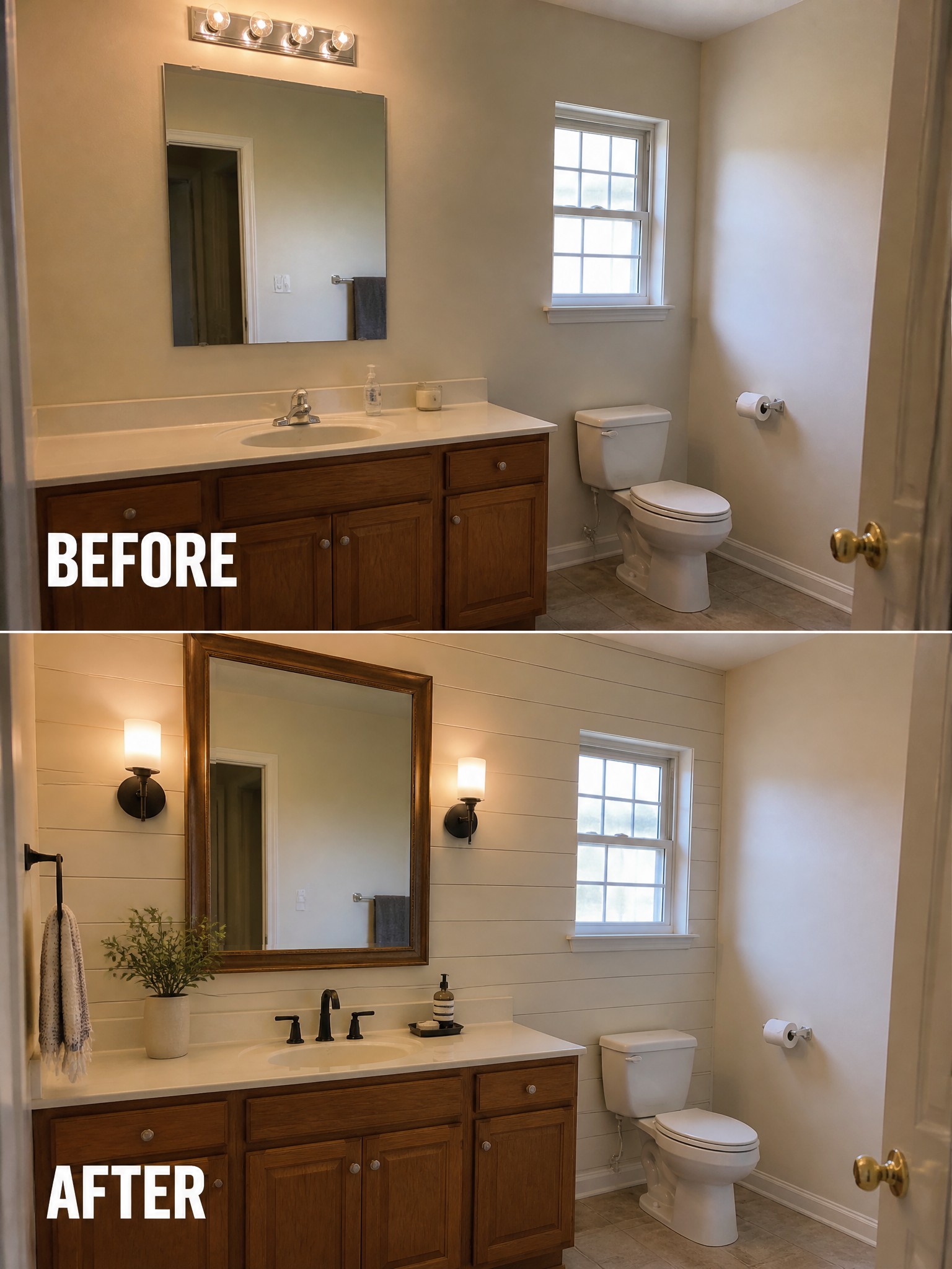 Before-and-after image of a bathroom showing plain walls and a basic mirror updated with white shiplap, new wall sconces, and a larger wood-framed mirror.