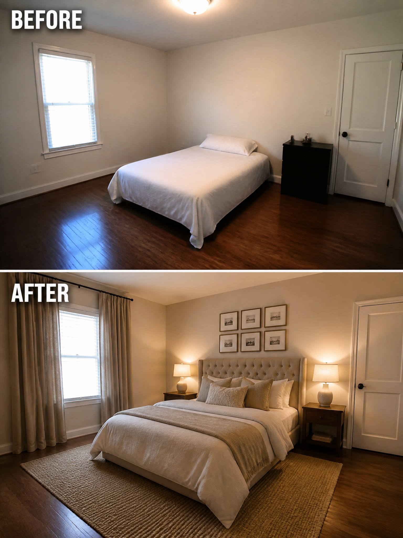 Before-and-after image of a plain bedroom updated with a large rug, curtains, bedside lamps, wall art, and an upholstered headboard.