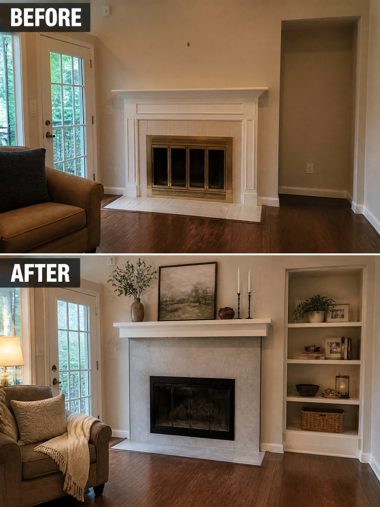 Living room transformation with modern fireplace, neutral decor, and wooden flooring.