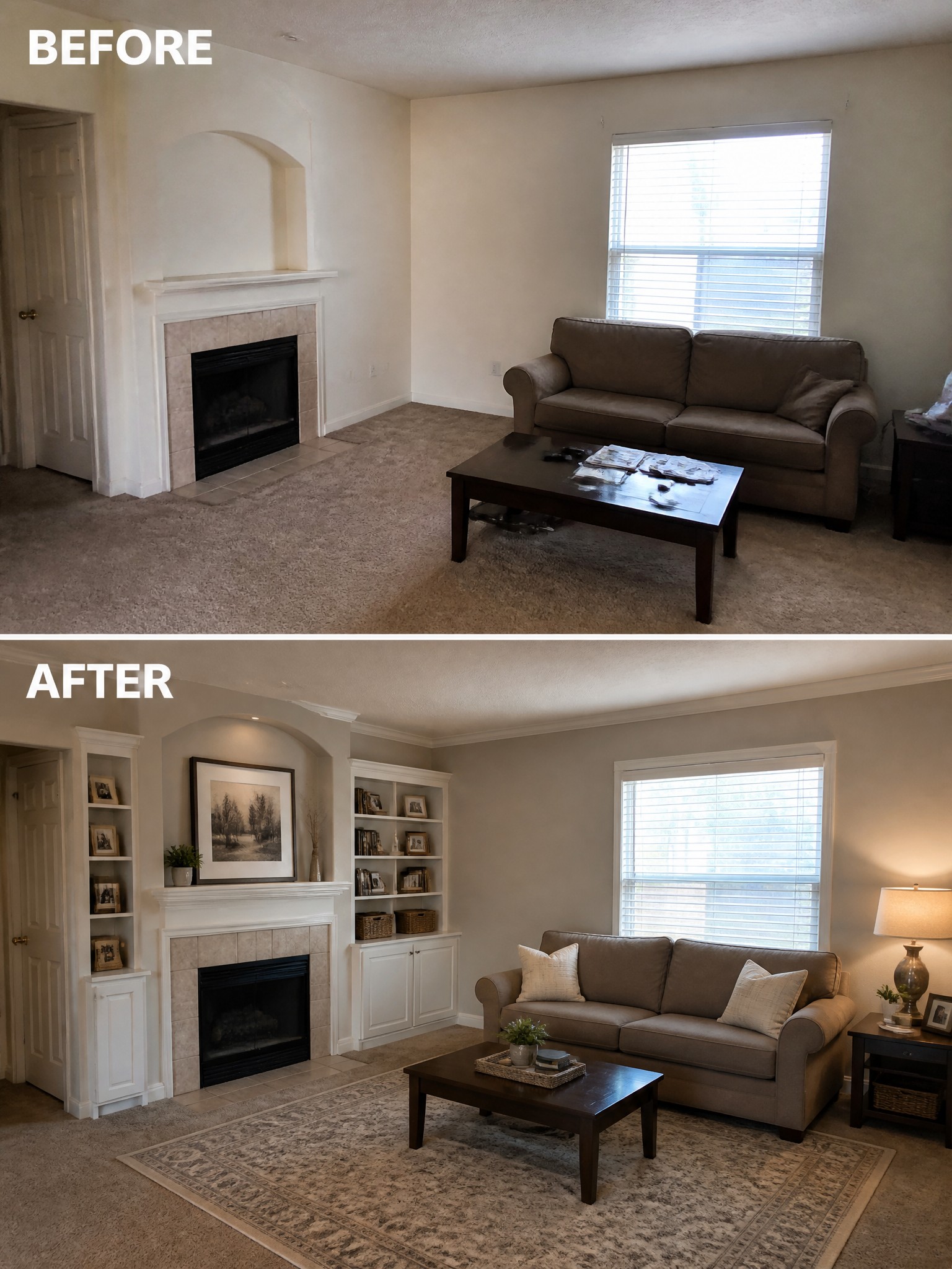 Before and after transformation of a living room with a fireplace, sofa, and shelves.