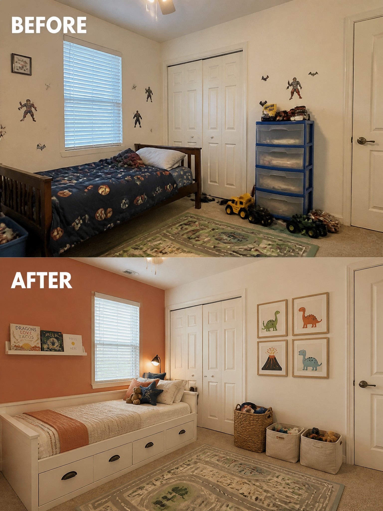 Child's bedroom transformation: from superhero theme to a warm, peachy space with dinosaur art.